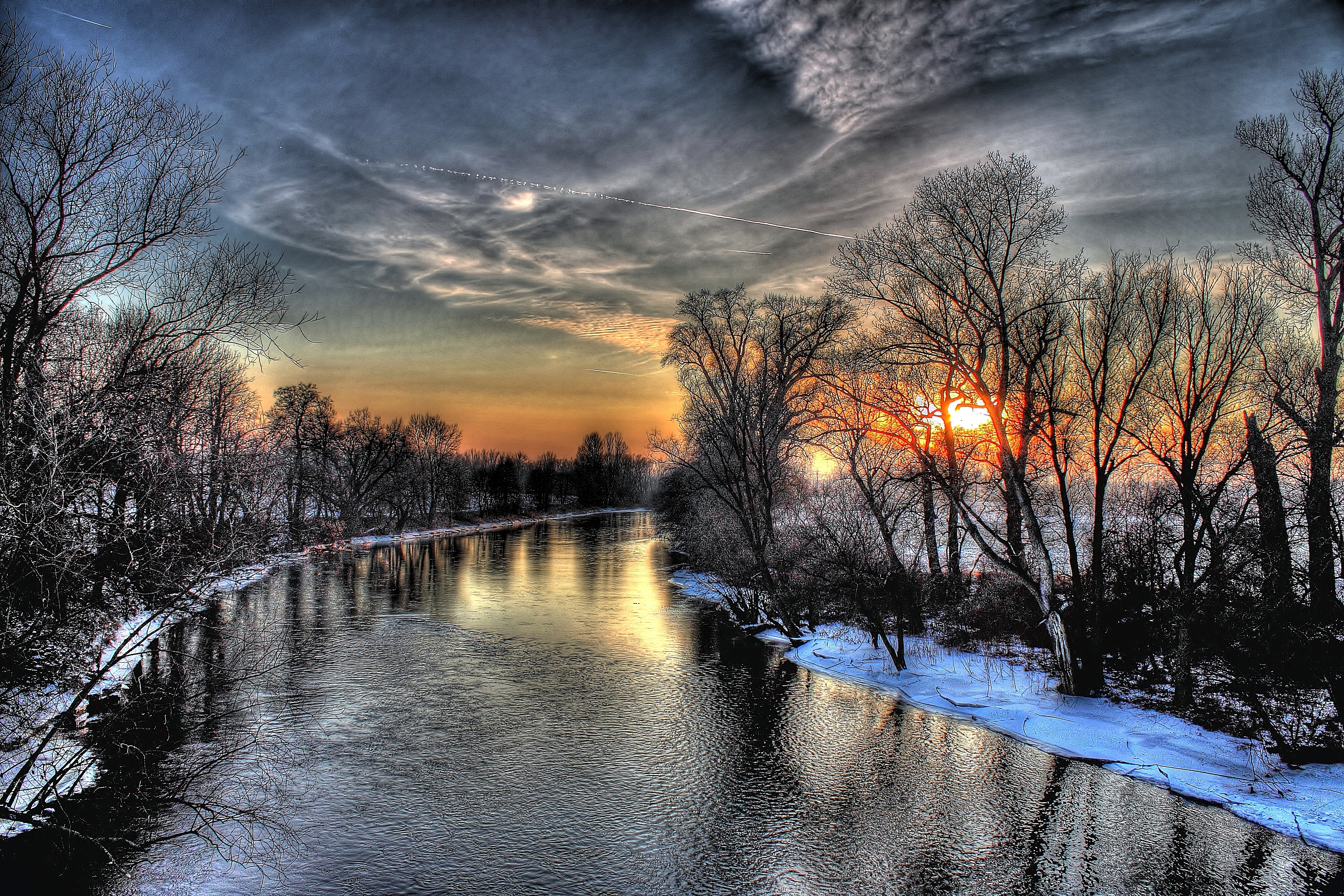 winter, nature, rivers, sunset, sky, hdr
