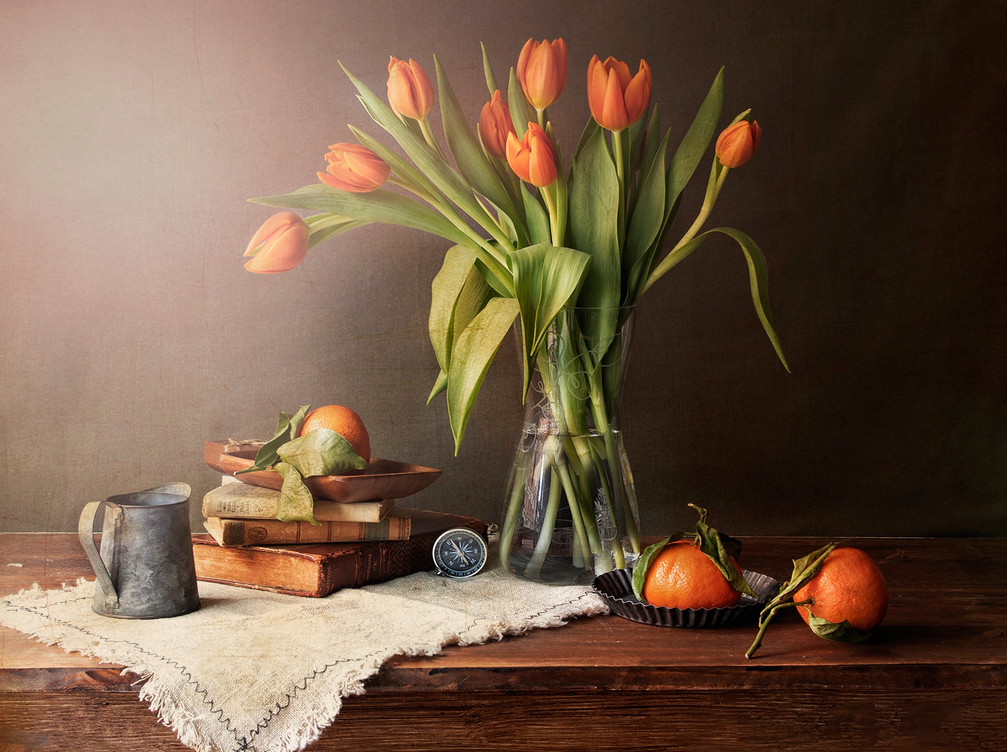 Download mobile wallpaper Still Life, Flower, Bouquet, Vase, Book, Tulip, Photography, Tangerine for free.