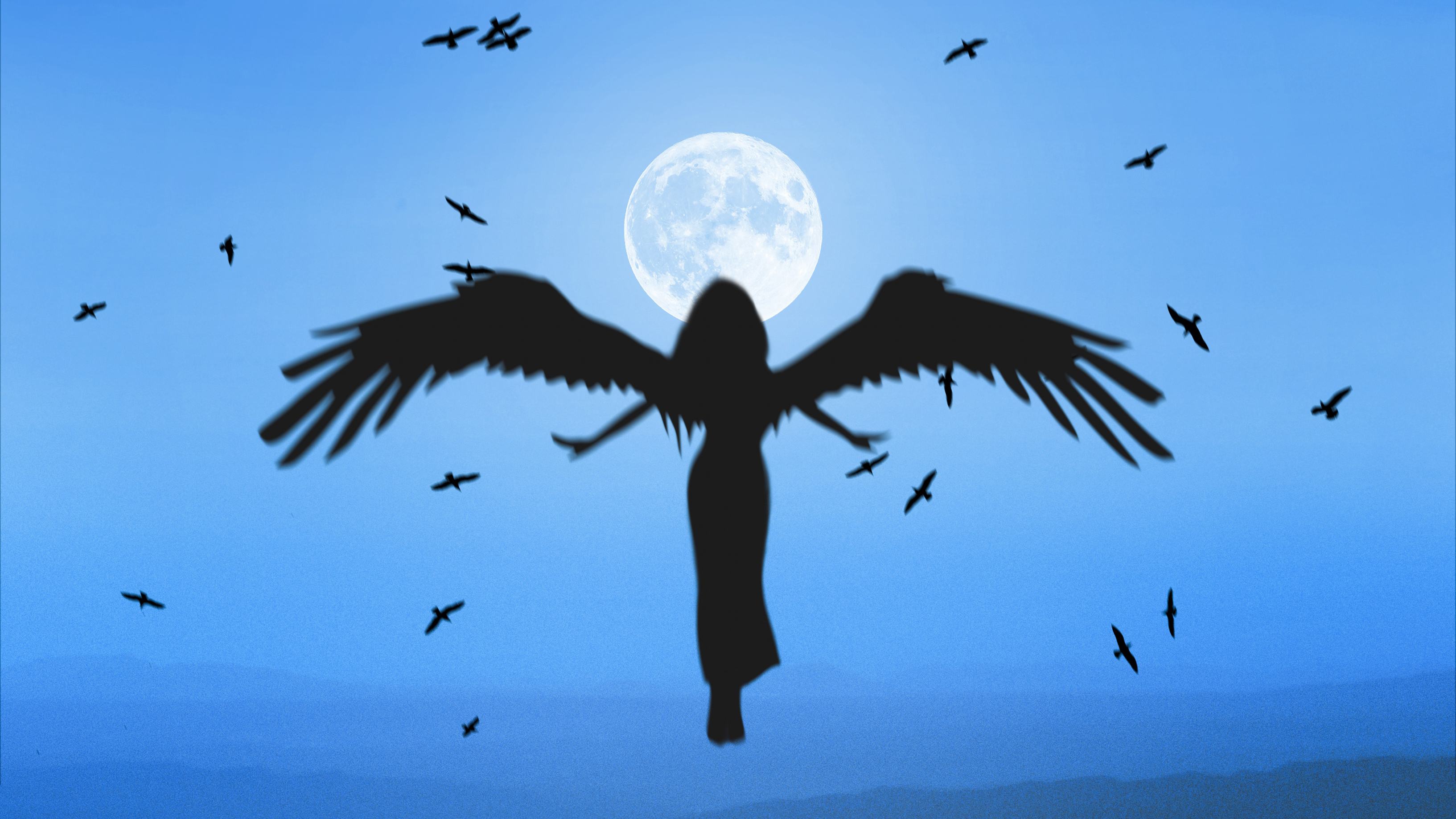 Téléchargez des papiers peints mobile Fantaisie, Silhouette, Ange, Pleine Lune, Corbeau gratuitement.