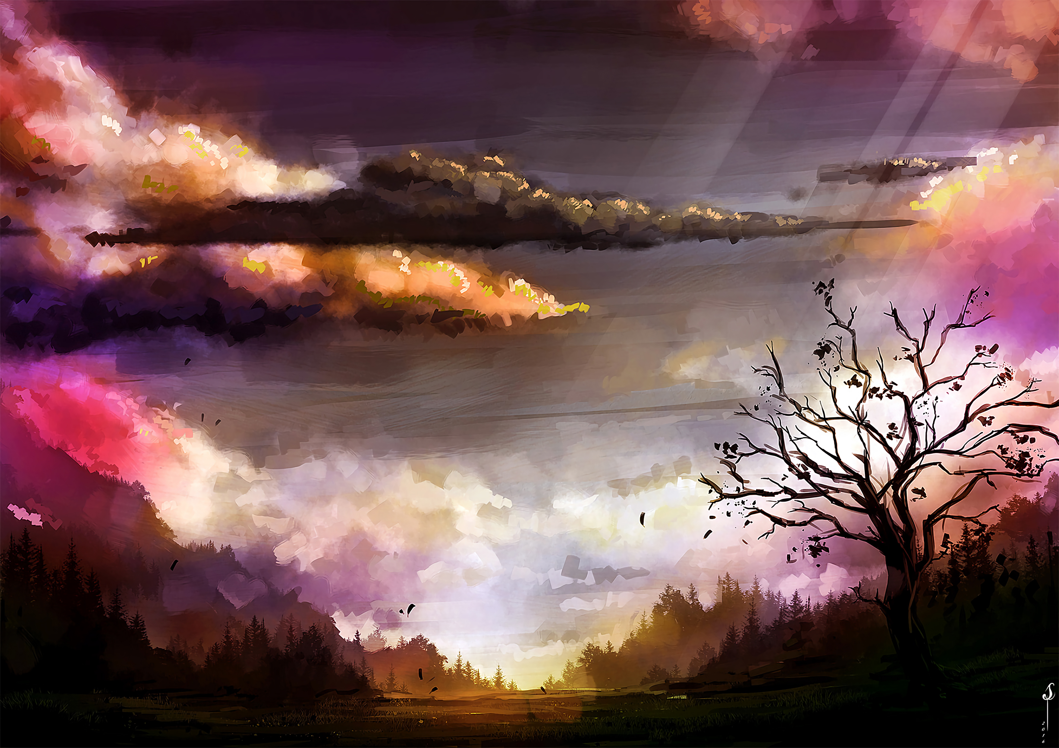 Free download wallpaper Clouds, Tree, Nature, Wood, Art, Landscape on your PC desktop