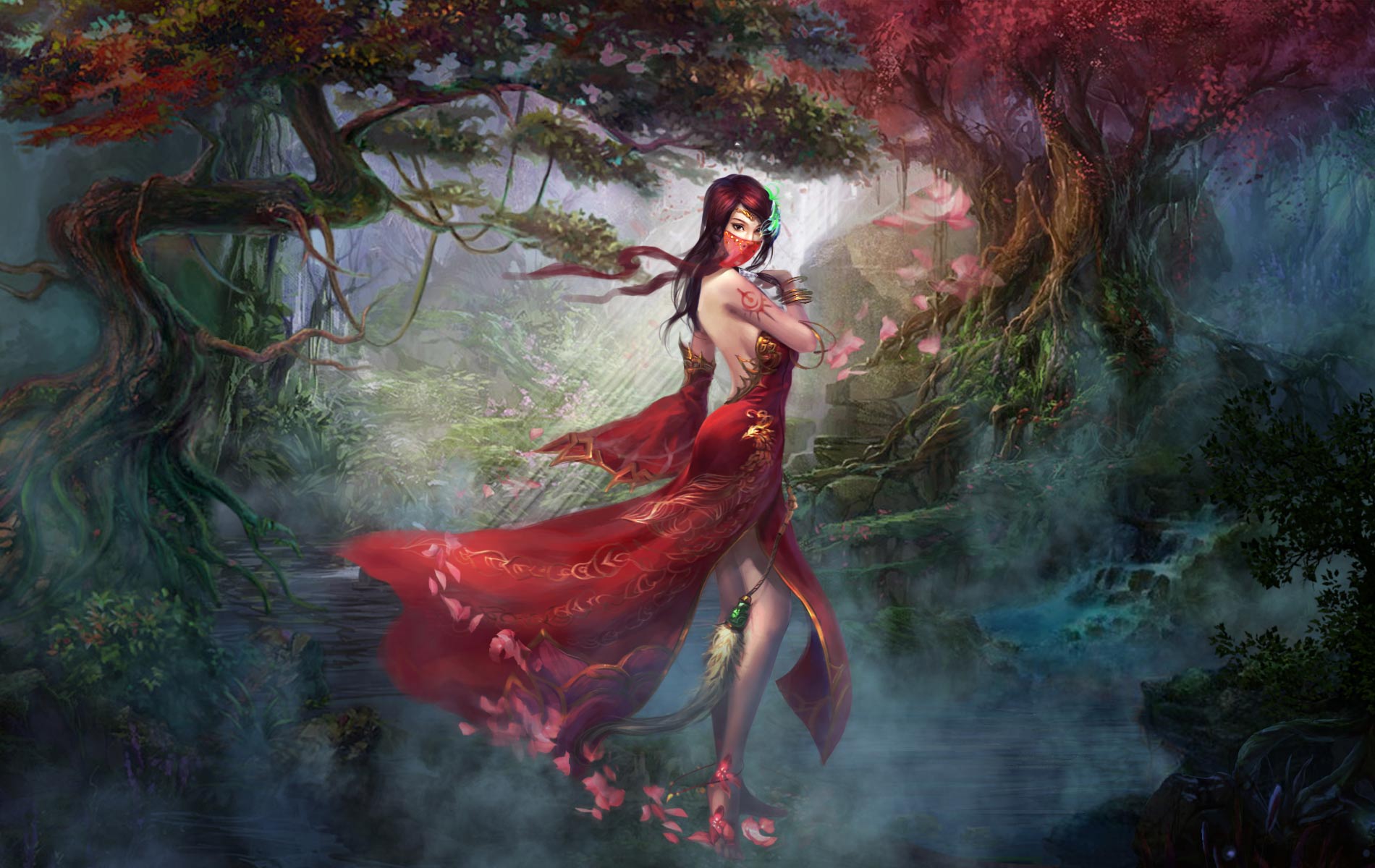 Descarga gratis la imagen Fantasía, Bosque, Oriental, Mujeres, Vestido Rojo en el escritorio de tu PC