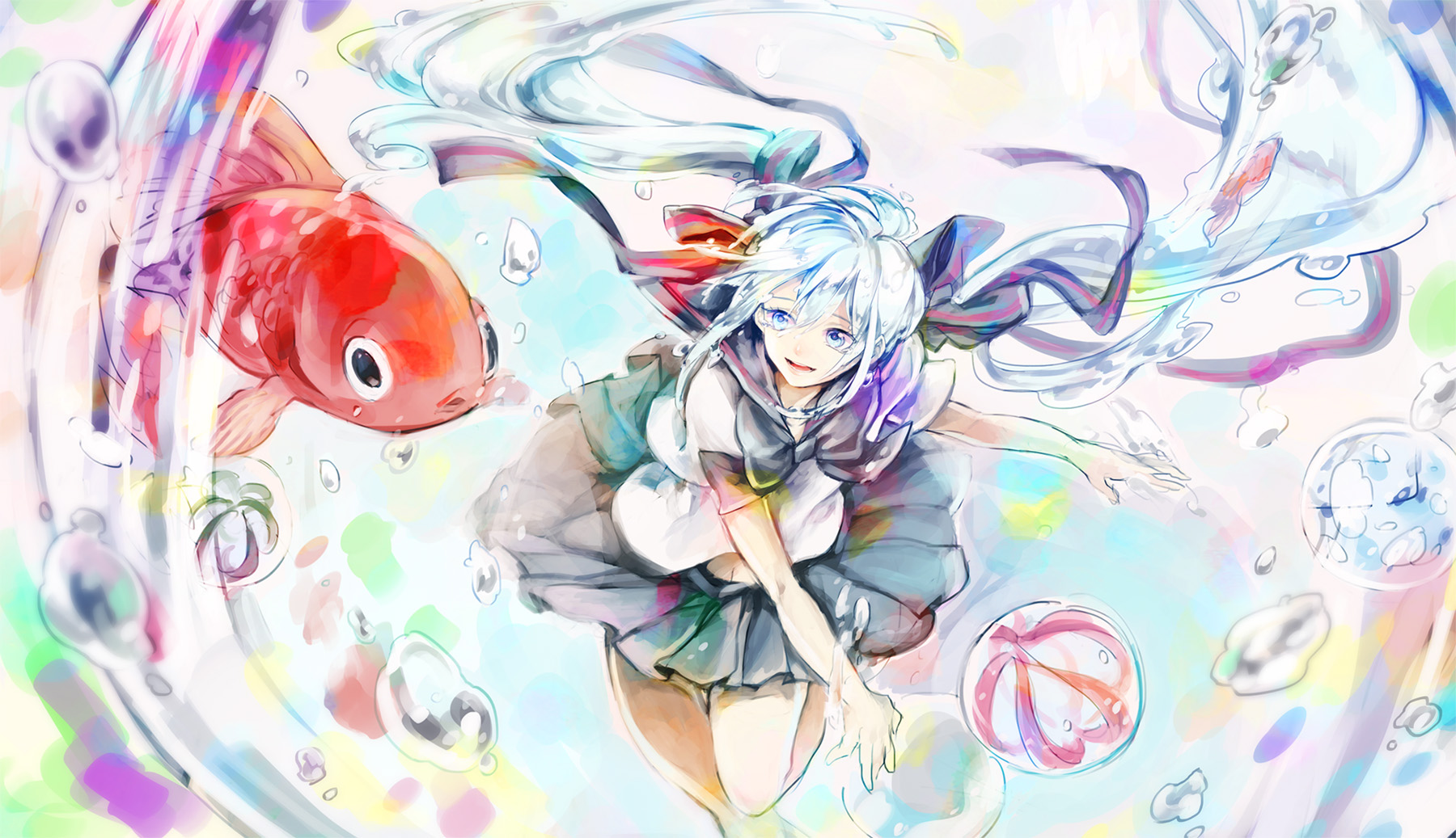 Free download wallpaper Anime, Water, Fish, Vocaloid, Bubble, Ribbon, Skirt, Blue Eyes, Blue Hair, School Uniform, Hatsune Miku, Long Hair, Twintails, Bow (Clothing) on your PC desktop