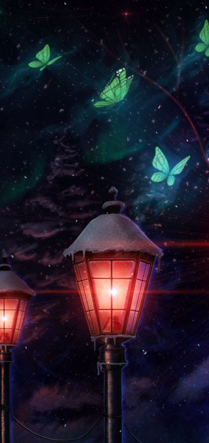 Download mobile wallpaper Landscape, Fantasy, Butterfly, Lamp for free.