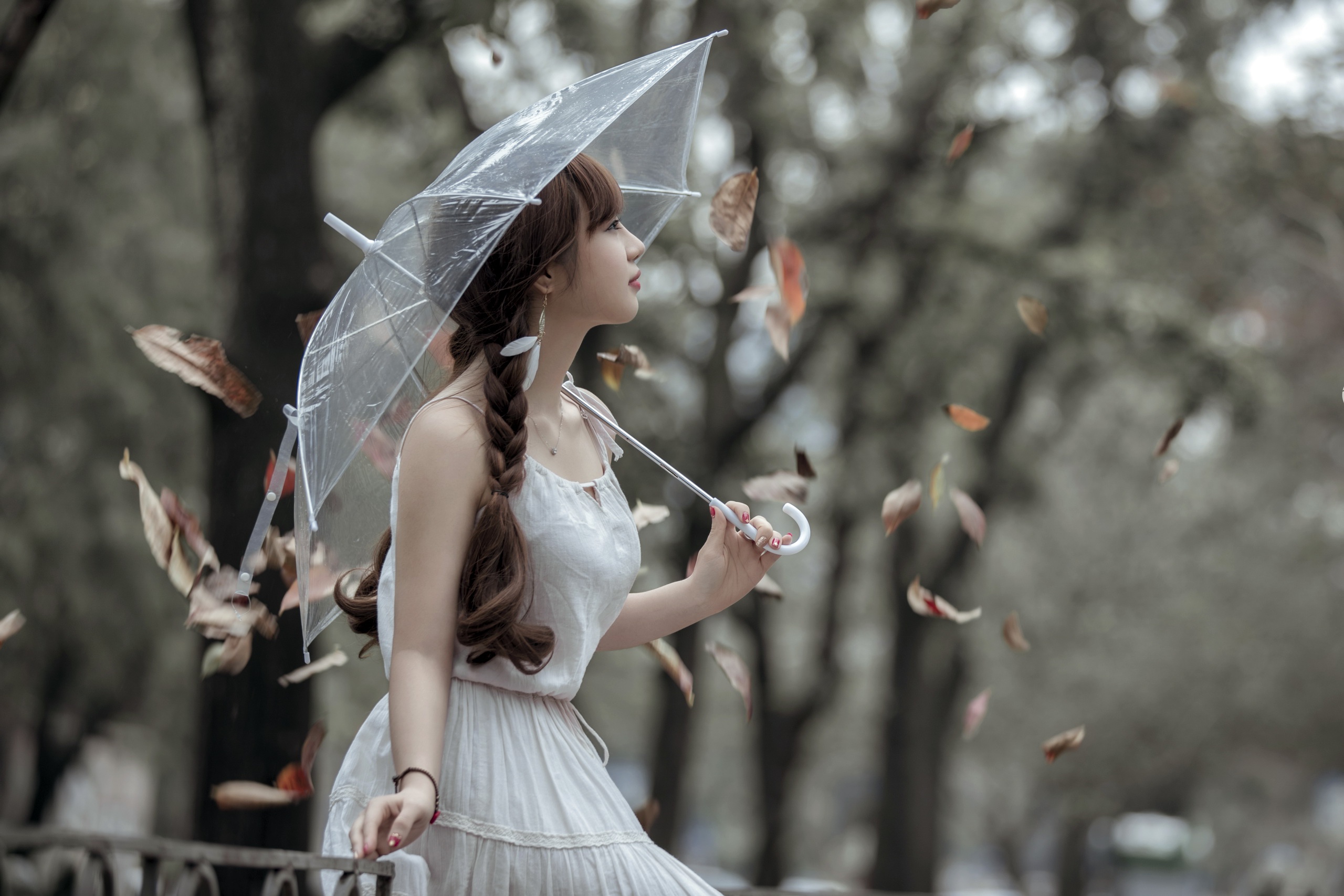 Download mobile wallpaper Umbrella, Brunette, Model, Women, Braid, Asian, Depth Of Field, White Dress for free.