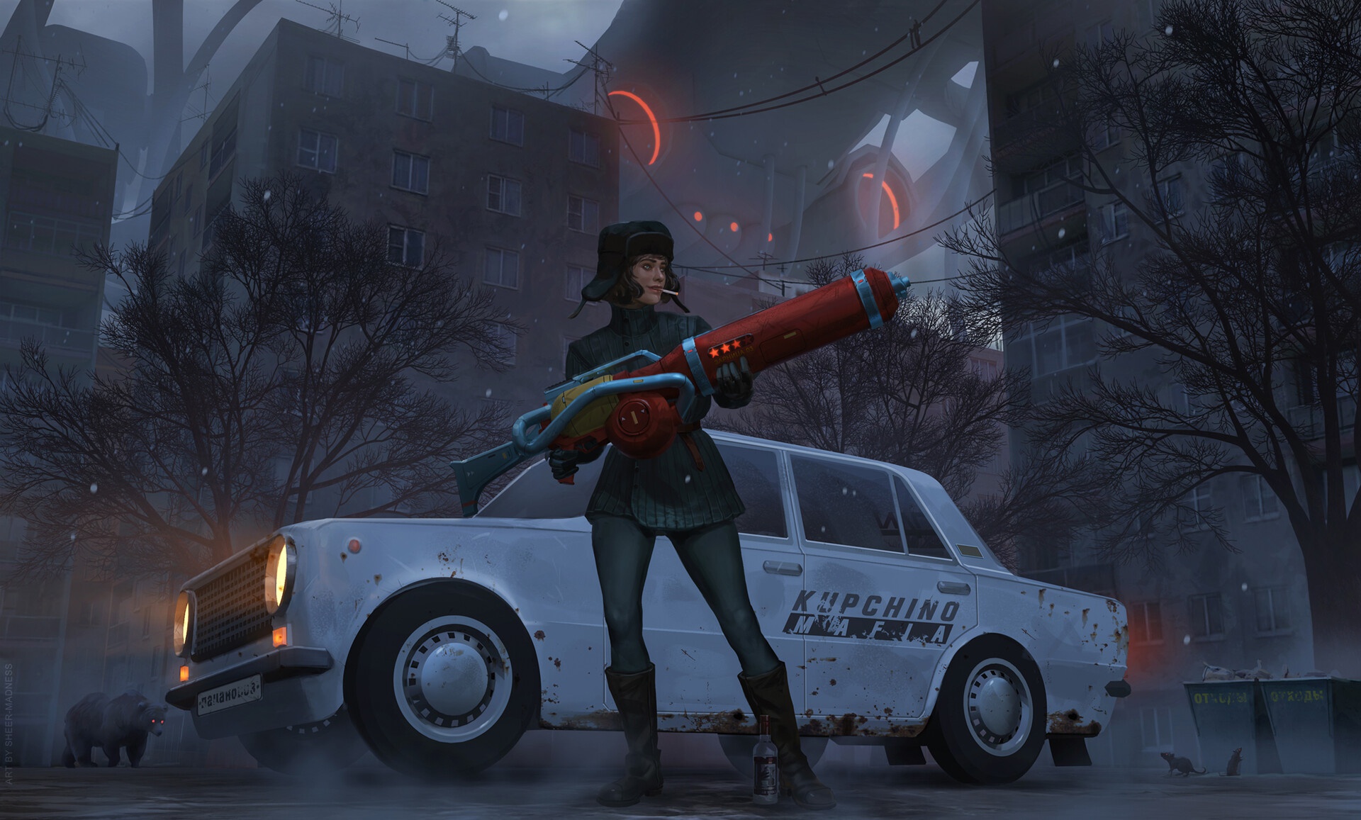 Free download wallpaper Car, Bear, Sci Fi, Russia, Futuristic, Gun, Women Warrior, Woman Warrior on your PC desktop