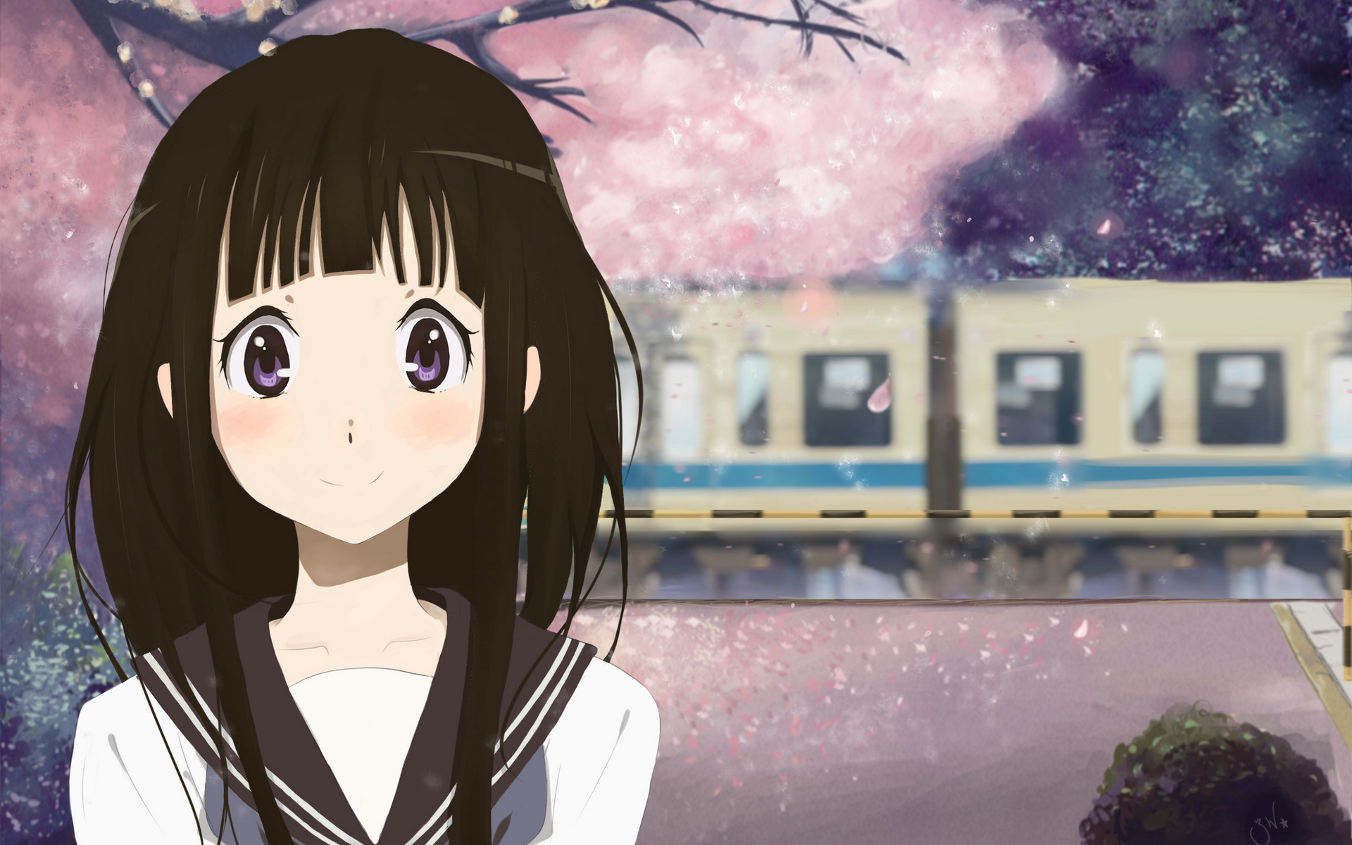 anime, hyouka, black hair, eru chitanda, long hair, purple eyes, sakura blossom, school uniform
