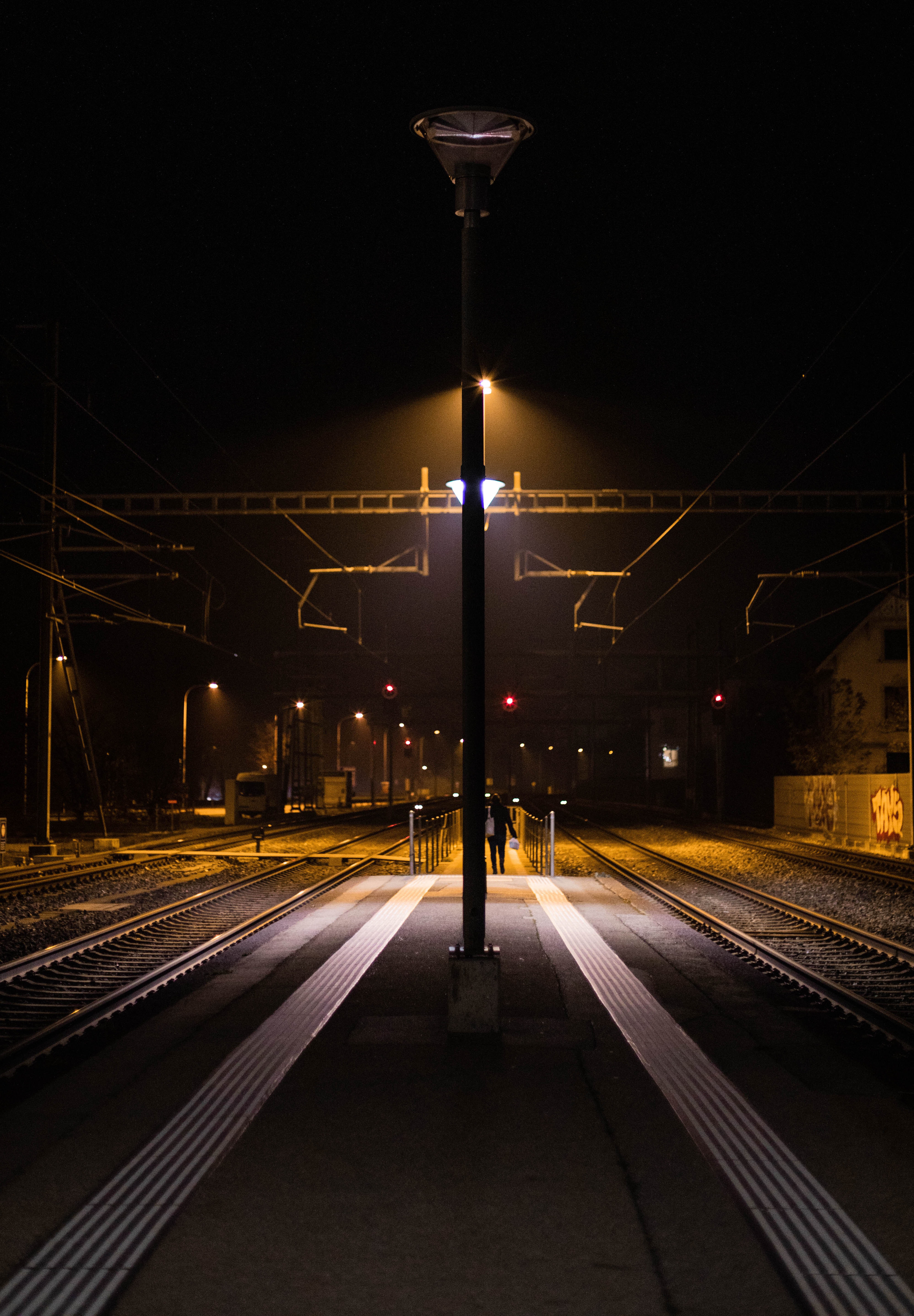 dark, night, shine, light, lamp, lantern, pillar, post, railway, station