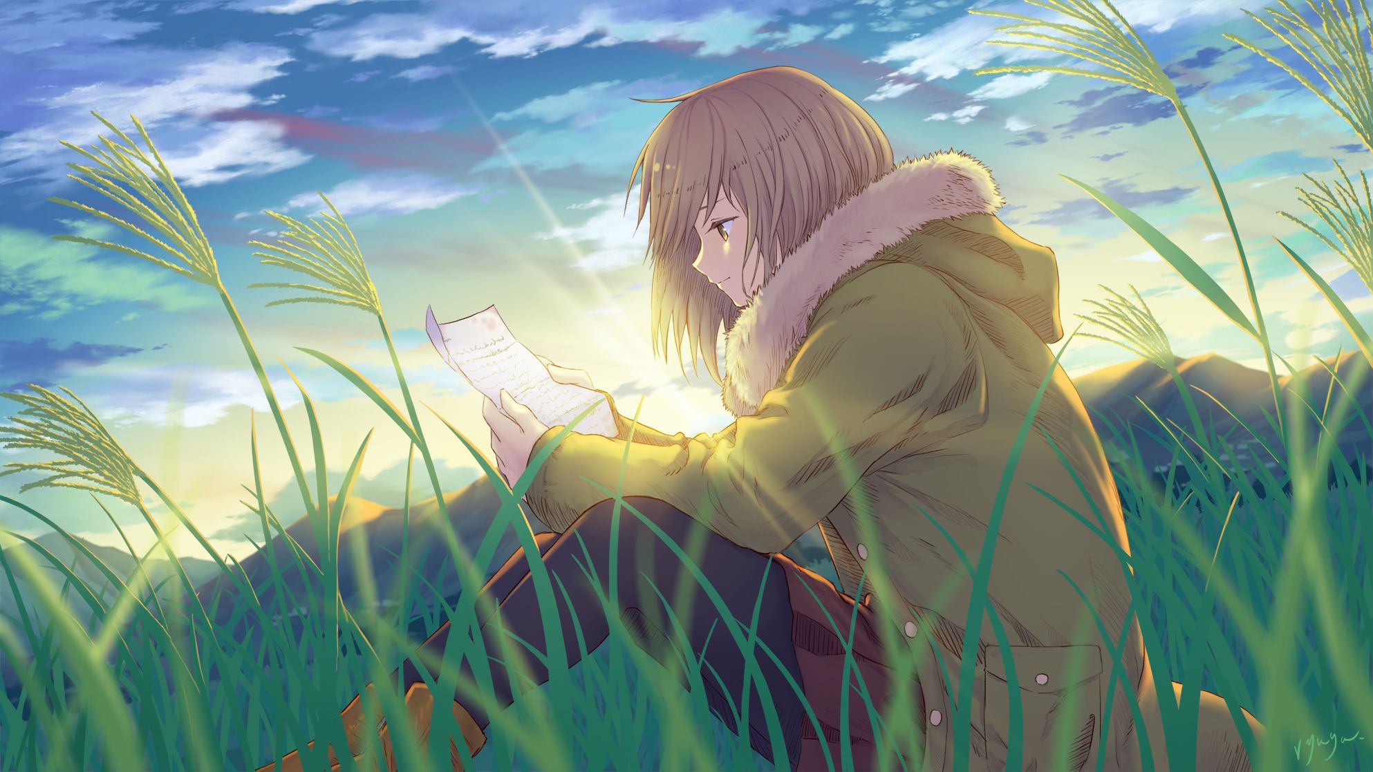 Download mobile wallpaper Anime, Grass, Sky, Original for free.