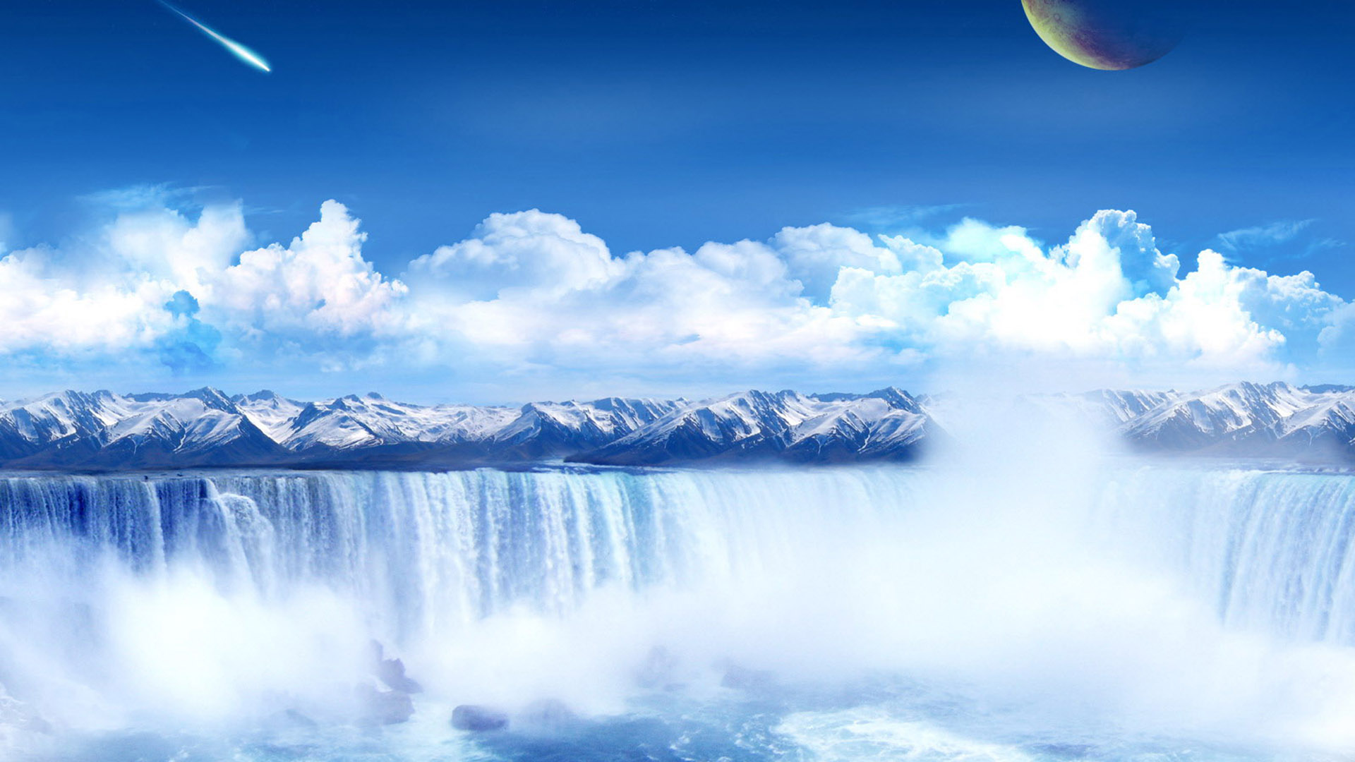 Download mobile wallpaper Landscape, Mountain, Waterfall, Sci Fi, Cloud for free.