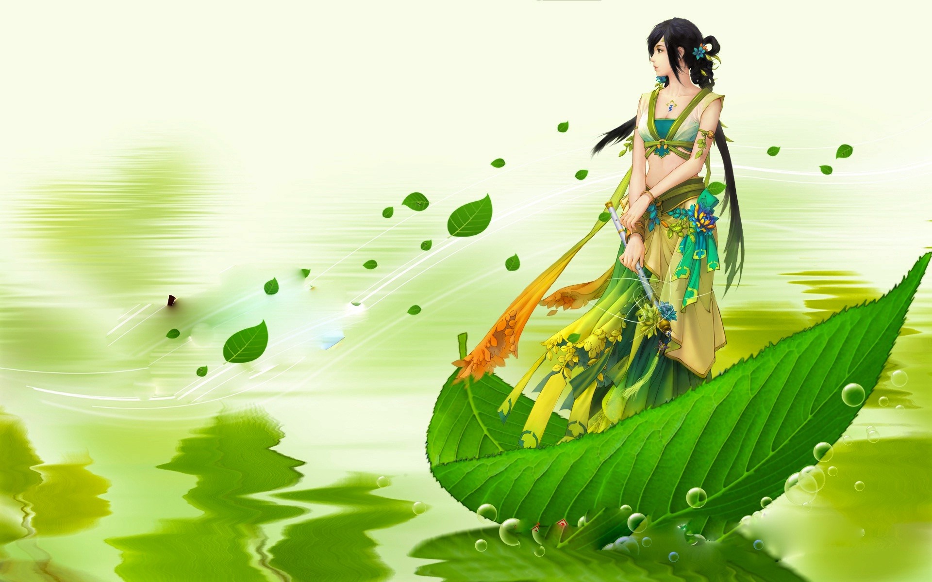 Download mobile wallpaper Fantasy, Leaf, Oriental, Women, Black Hair, Long Hair for free.