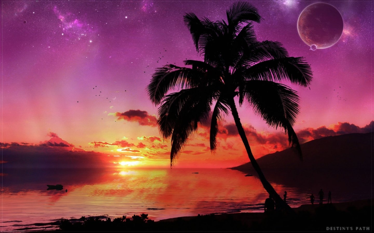 Free download wallpaper Sea, Landscape, Sky, Palms, Trees, Sunset on your PC desktop