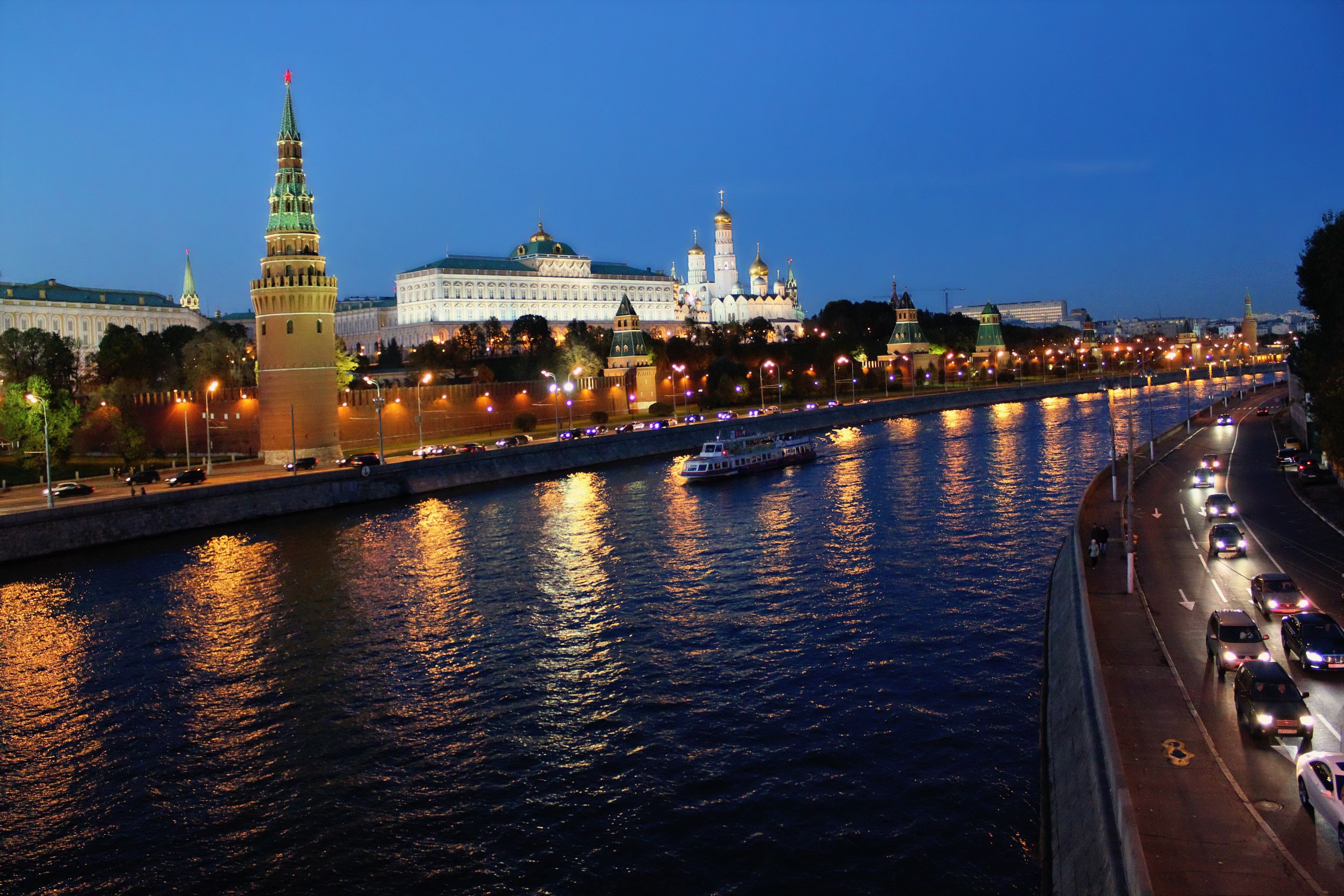 Download mobile wallpaper Cities, Building, Road, River, Moscow, Man Made, Ferry for free.