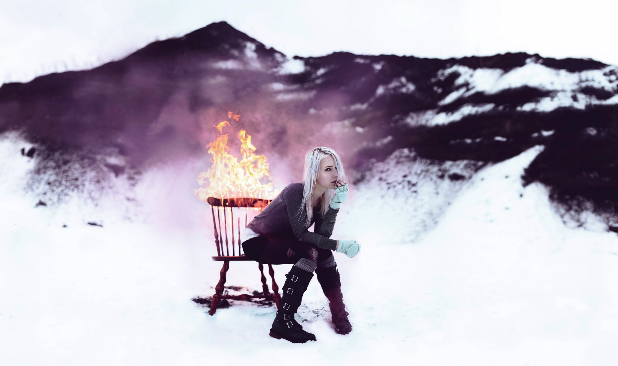 Download mobile wallpaper Fire, Chair, Photography, Model, Manipulation for free.