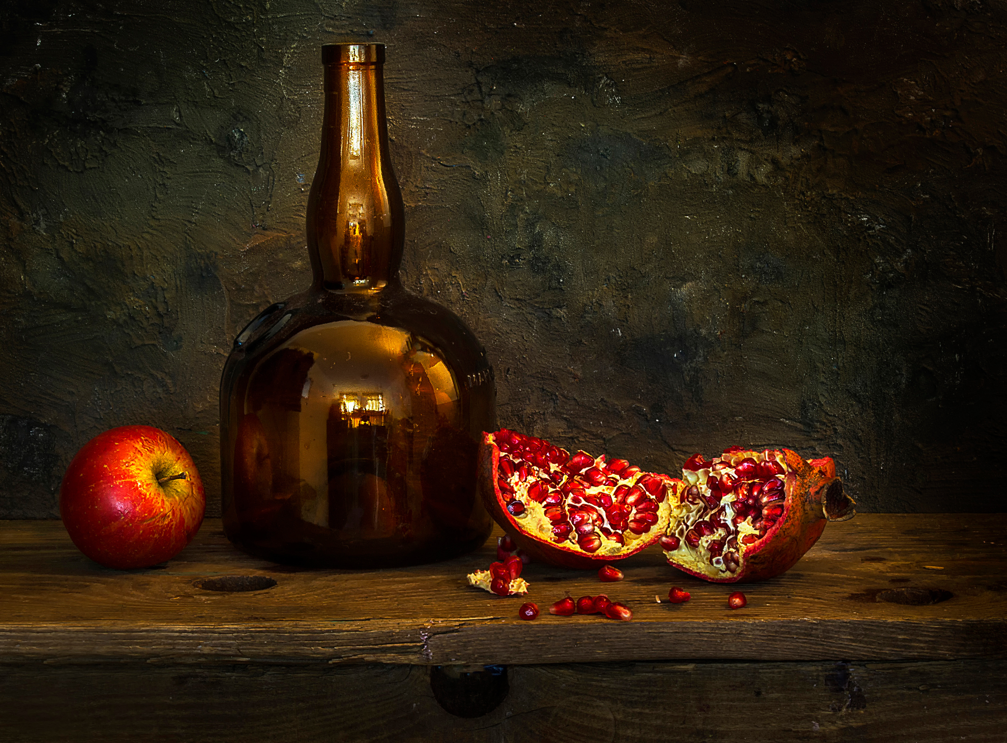 Download mobile wallpaper Apple, Still Life, Pomegranate, Photography, Bottle for free.