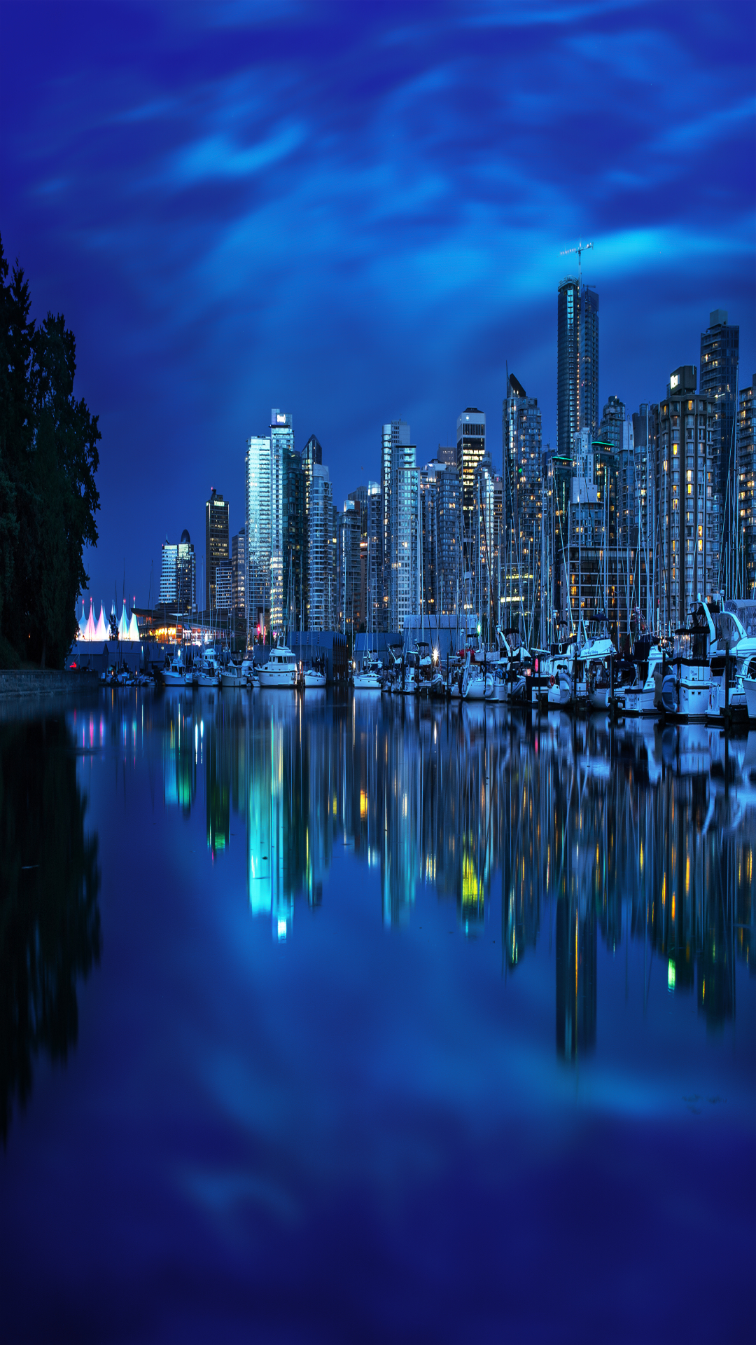 Download mobile wallpaper Cities, Night, City, Building, Reflection, Canada, Yacht, Harbor, Vancouver, Man Made for free.
