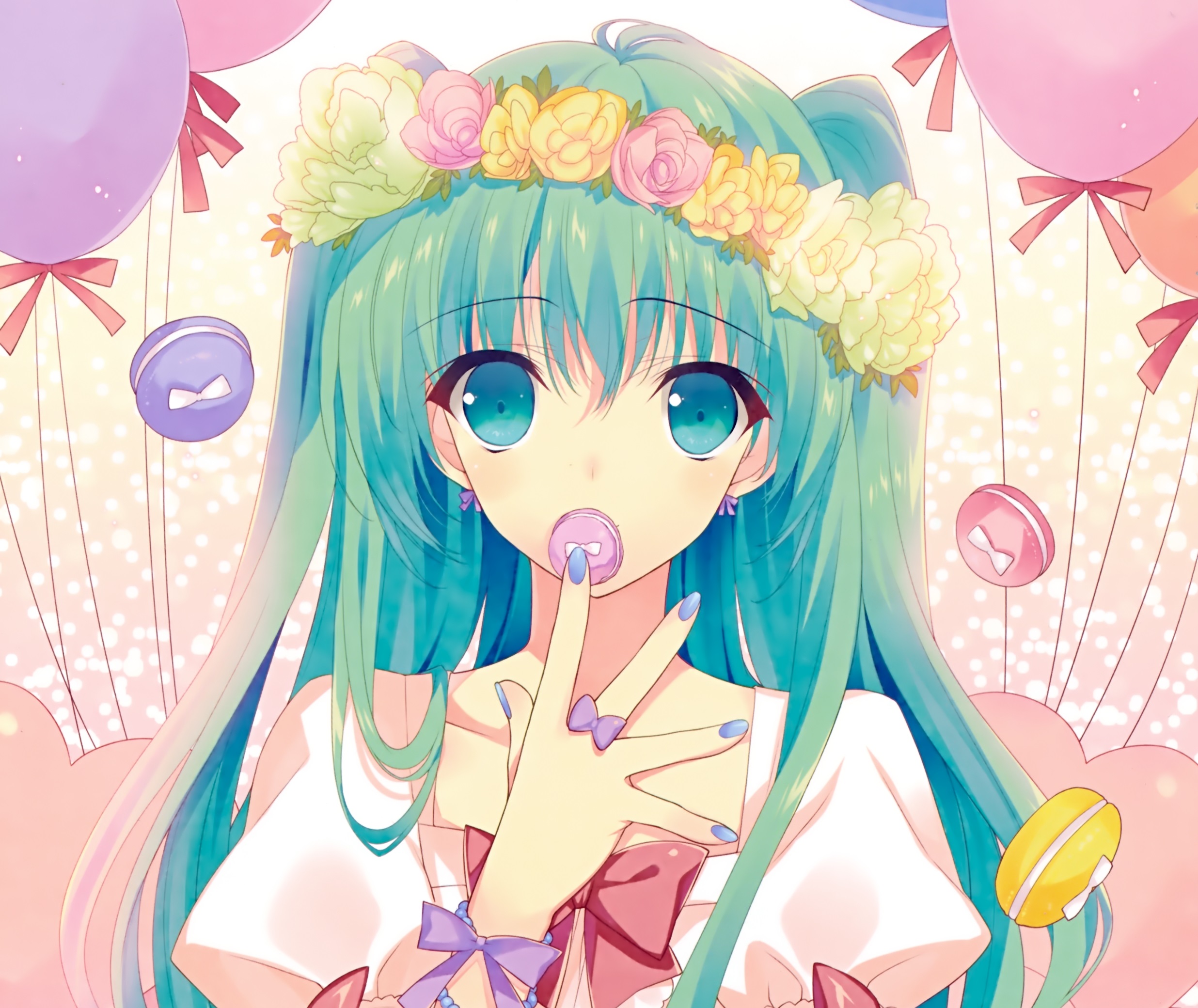 Download mobile wallpaper Anime, Flower, Ribbon, Blue Eyes, Original, Blue Hair, Long Hair, Twintails for free.