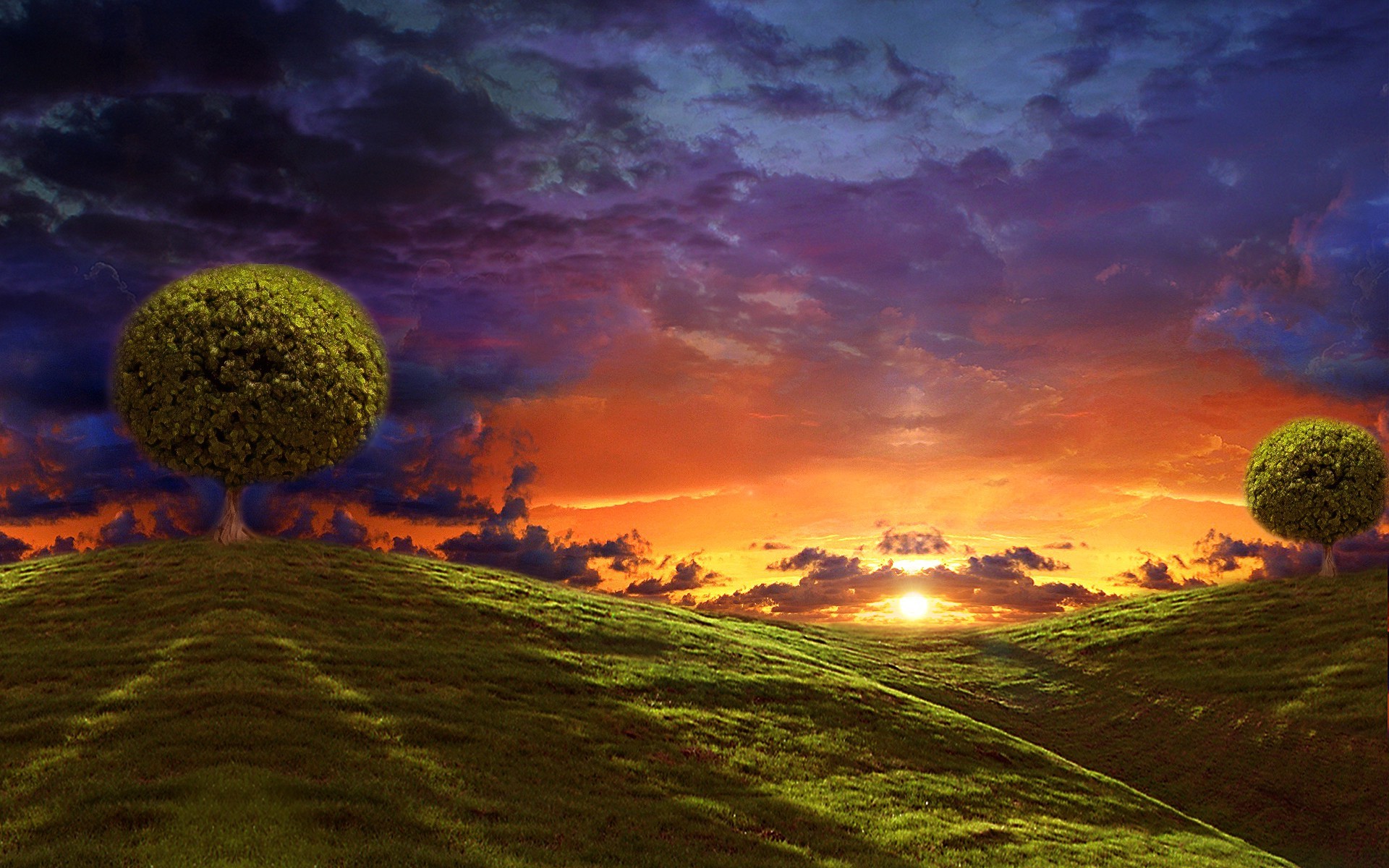 Download mobile wallpaper Landscape, Fantasy, Sunset, Tree, Field, Hill, Cloud for free.