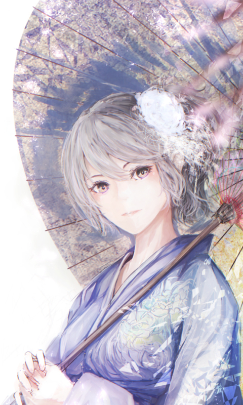 Handy-Wallpaper Graue Haare, Regenschirm, Kimono, Original, Animes, Kurzes Haar, Graue Augen kostenlos herunterladen.
