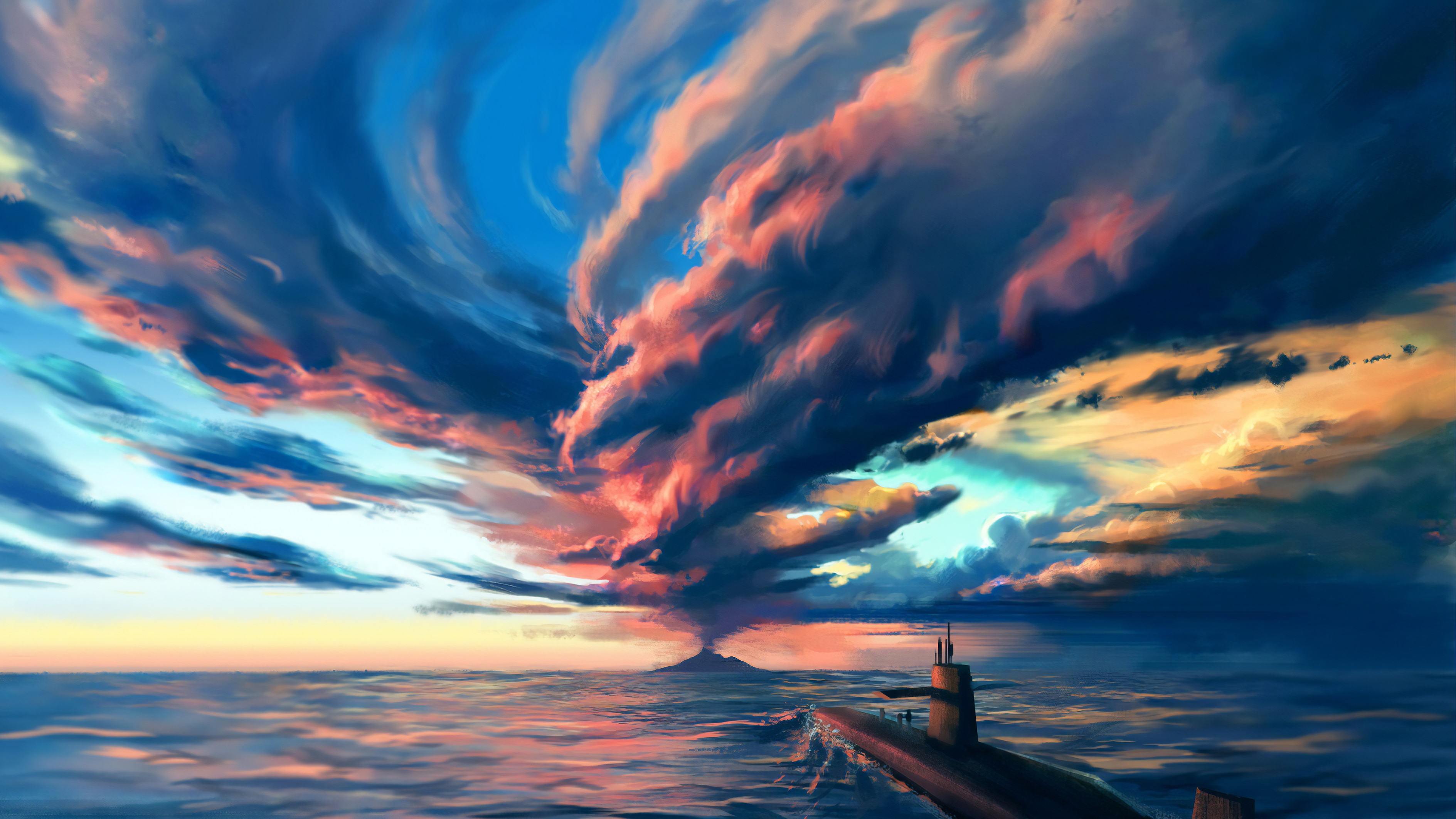 Скачать обои бесплатно Облака, Океан, Военные, Подводная Лодка, Военные Корабли картинка на рабочий стол ПК