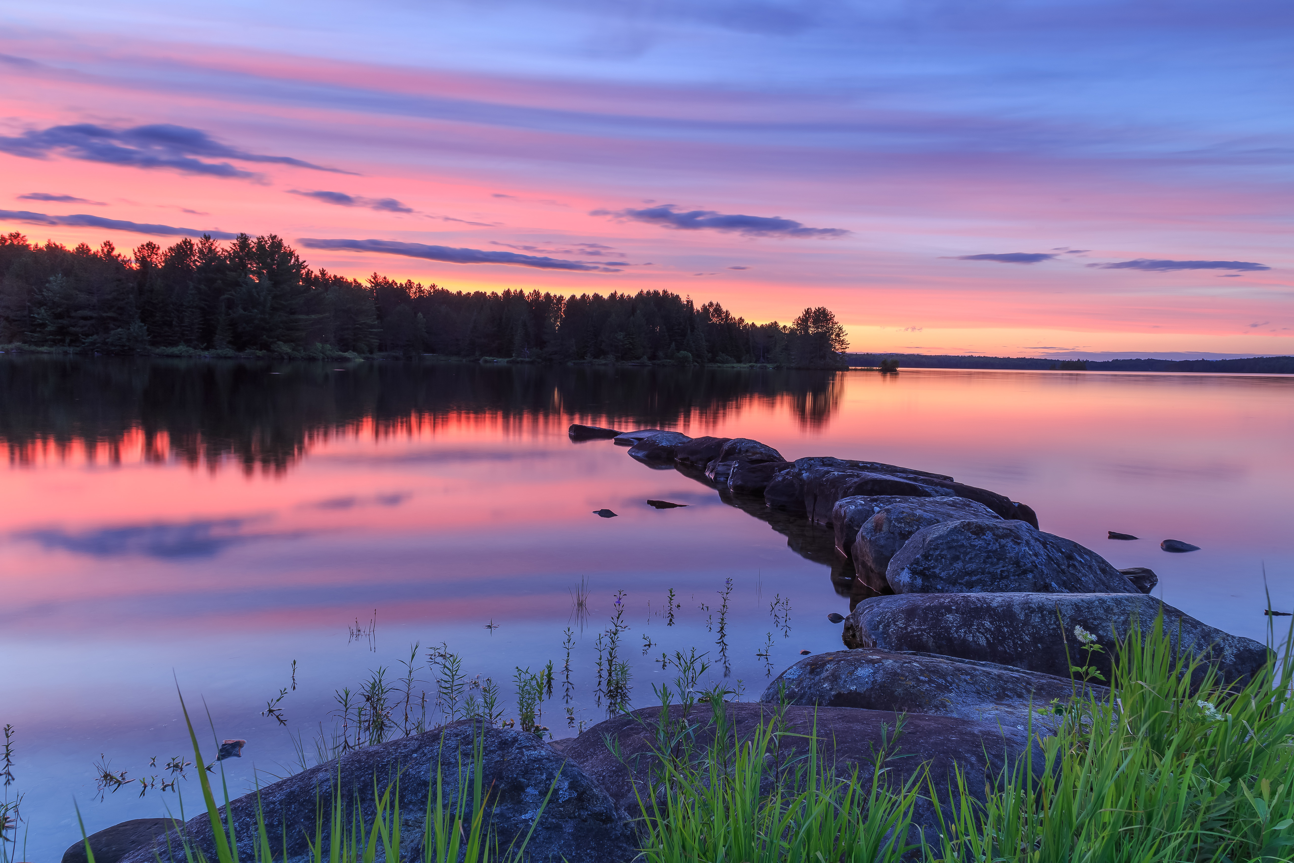 Free download wallpaper Nature, Trees, Sunset, Lake, Reflection, Stones on your PC desktop