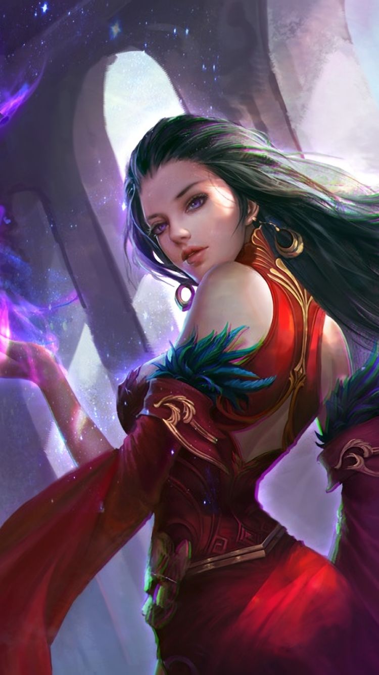 Download mobile wallpaper Fantasy, Witch, Sorceress, Purple Eyes, Red Dress for free.