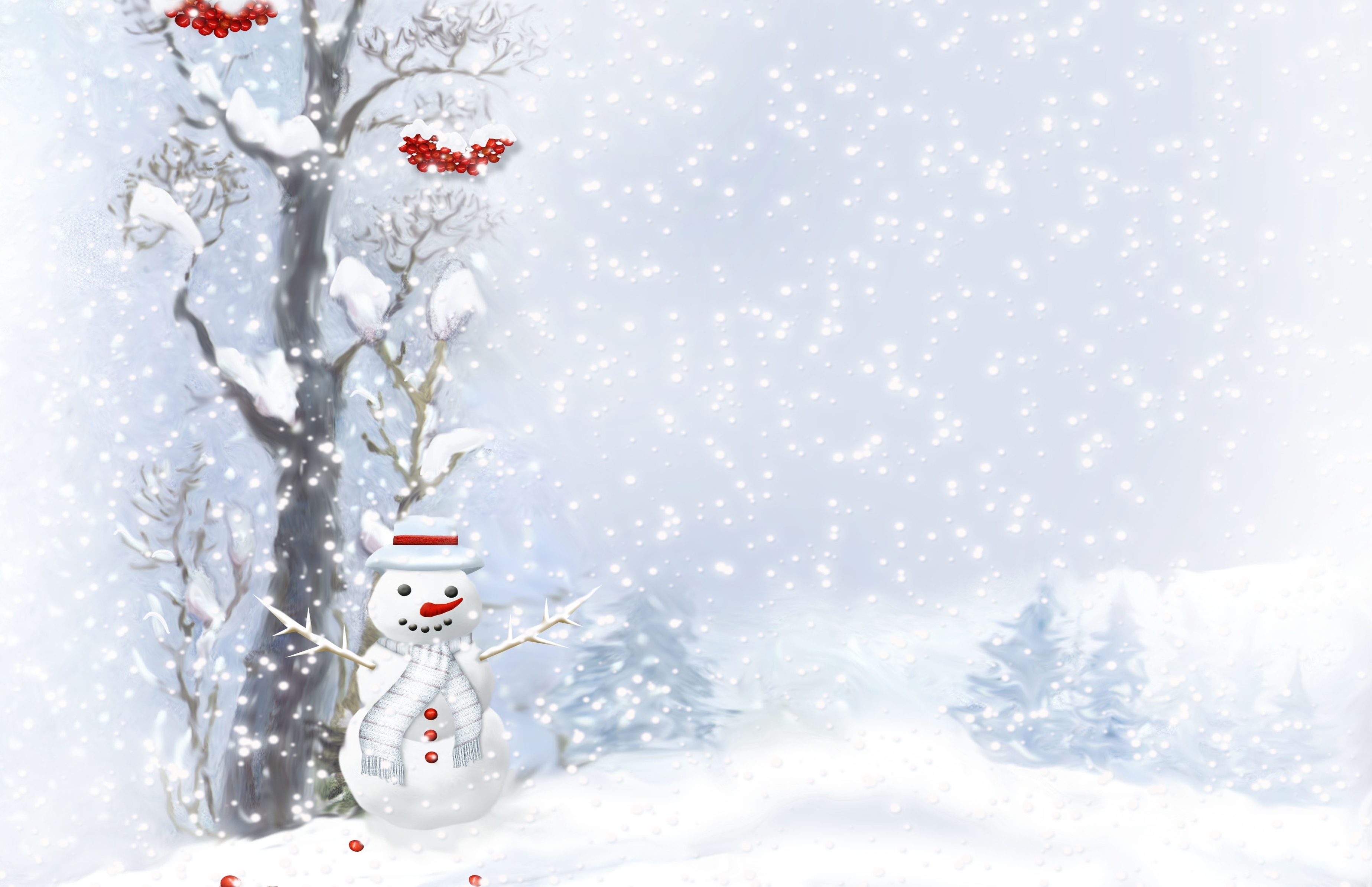 146055 скачать обои снегопад, ягоды, праздники, снеговик, дерево, пуговицы, шарфик, ёлки - заставки и картинки бесплатно