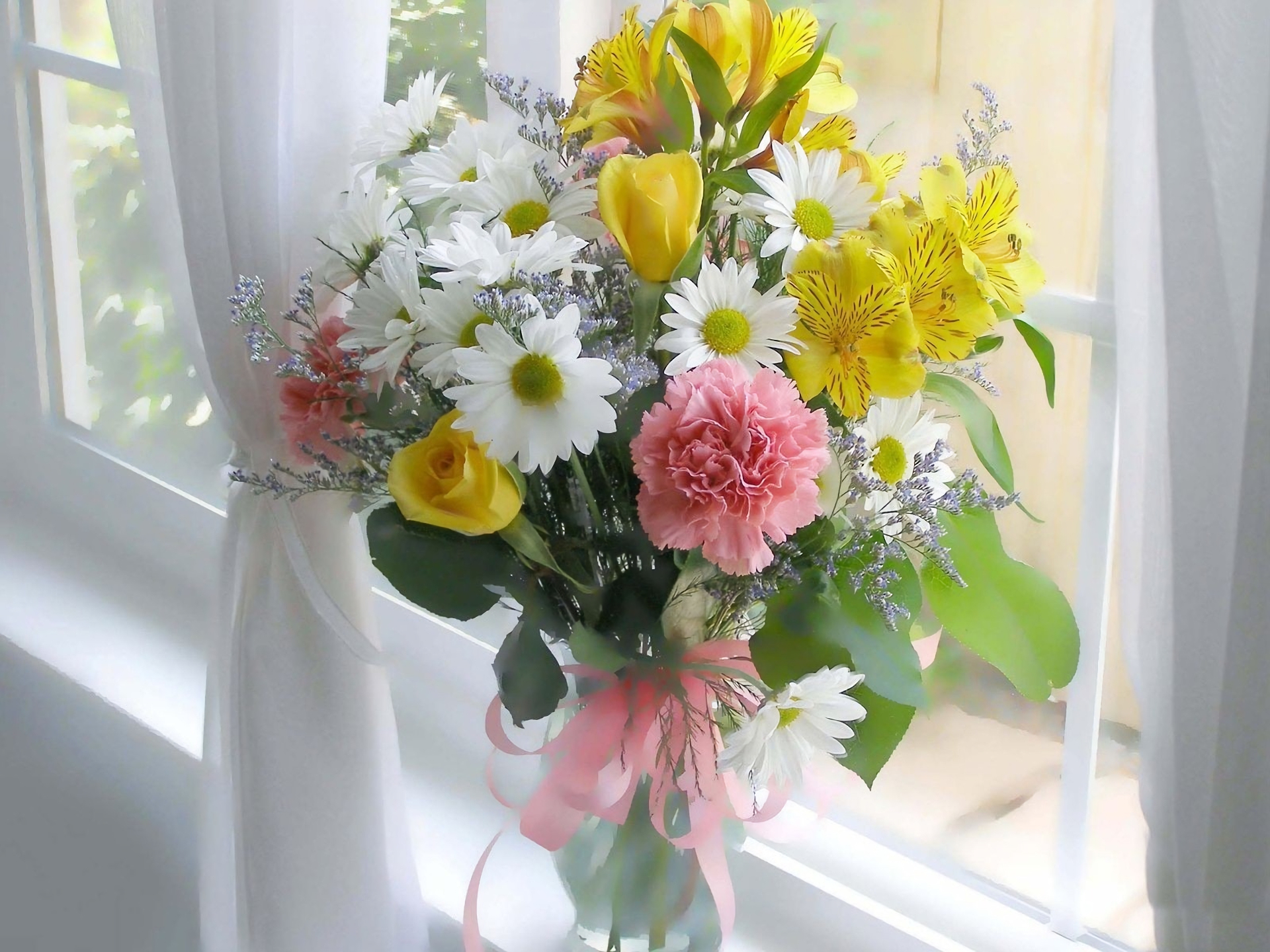無料モバイル壁紙花, 花瓶, 黄色い花, 白い花, マンメイド, ピンクの花をダウンロードします。
