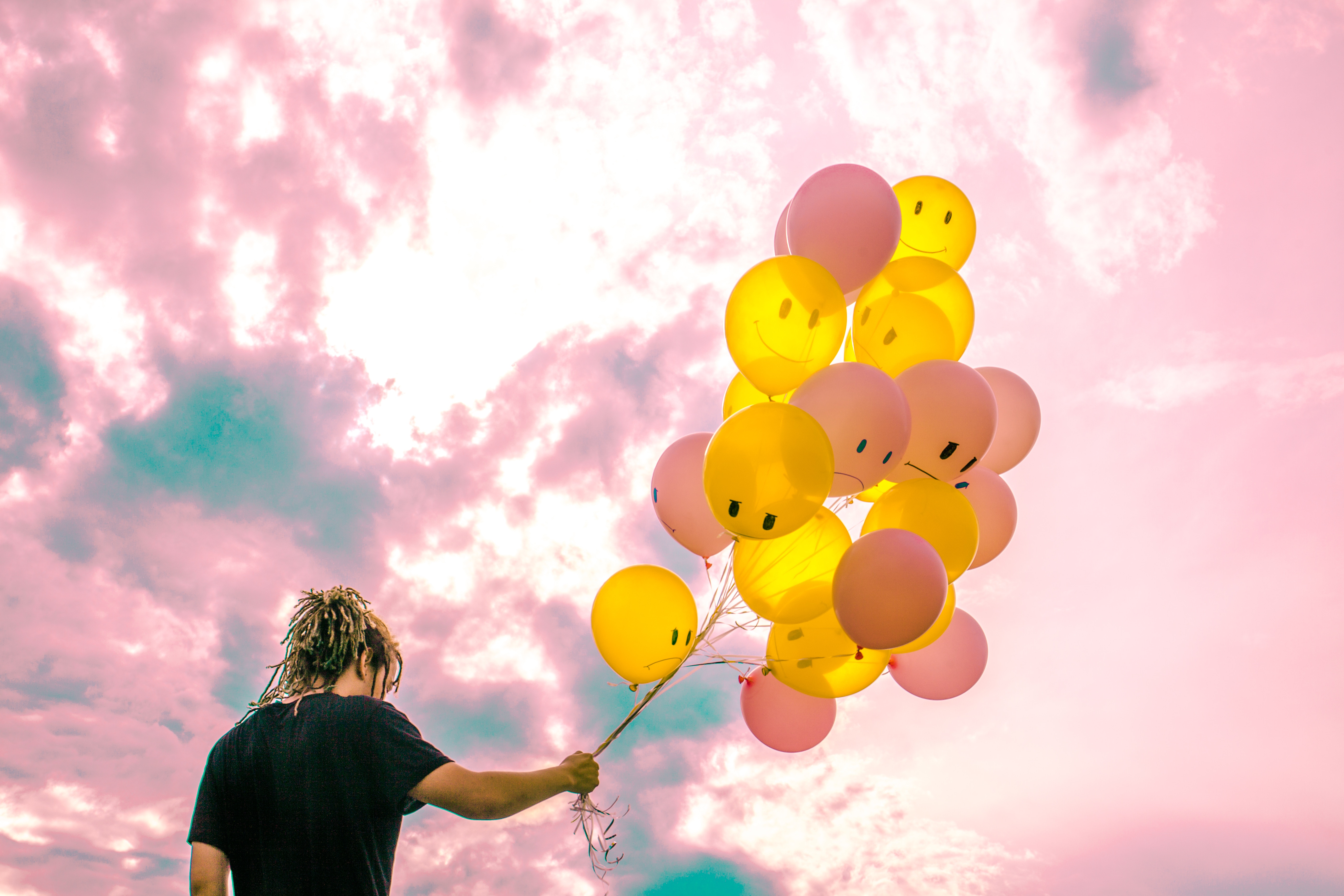 balloons, sky, pink, yellow, miscellanea, miscellaneous