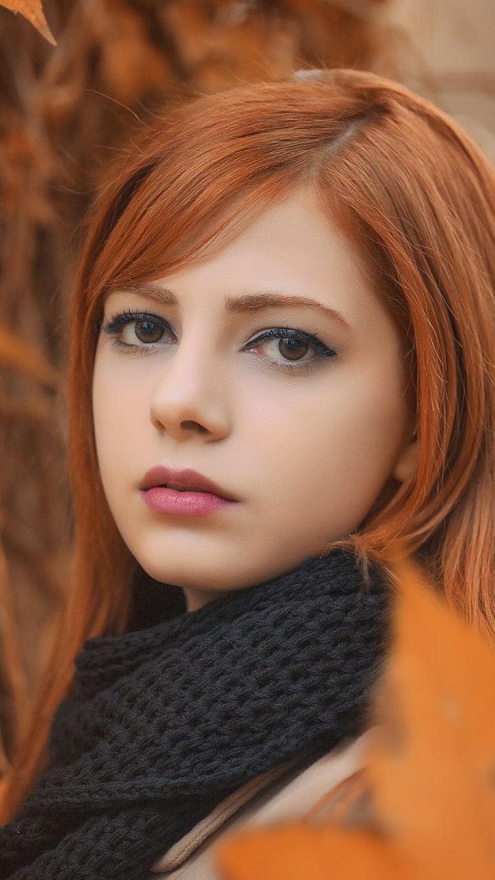 Download mobile wallpaper Fall, Redhead, Face, Model, Women, Scarf, Brown Eyes for free.