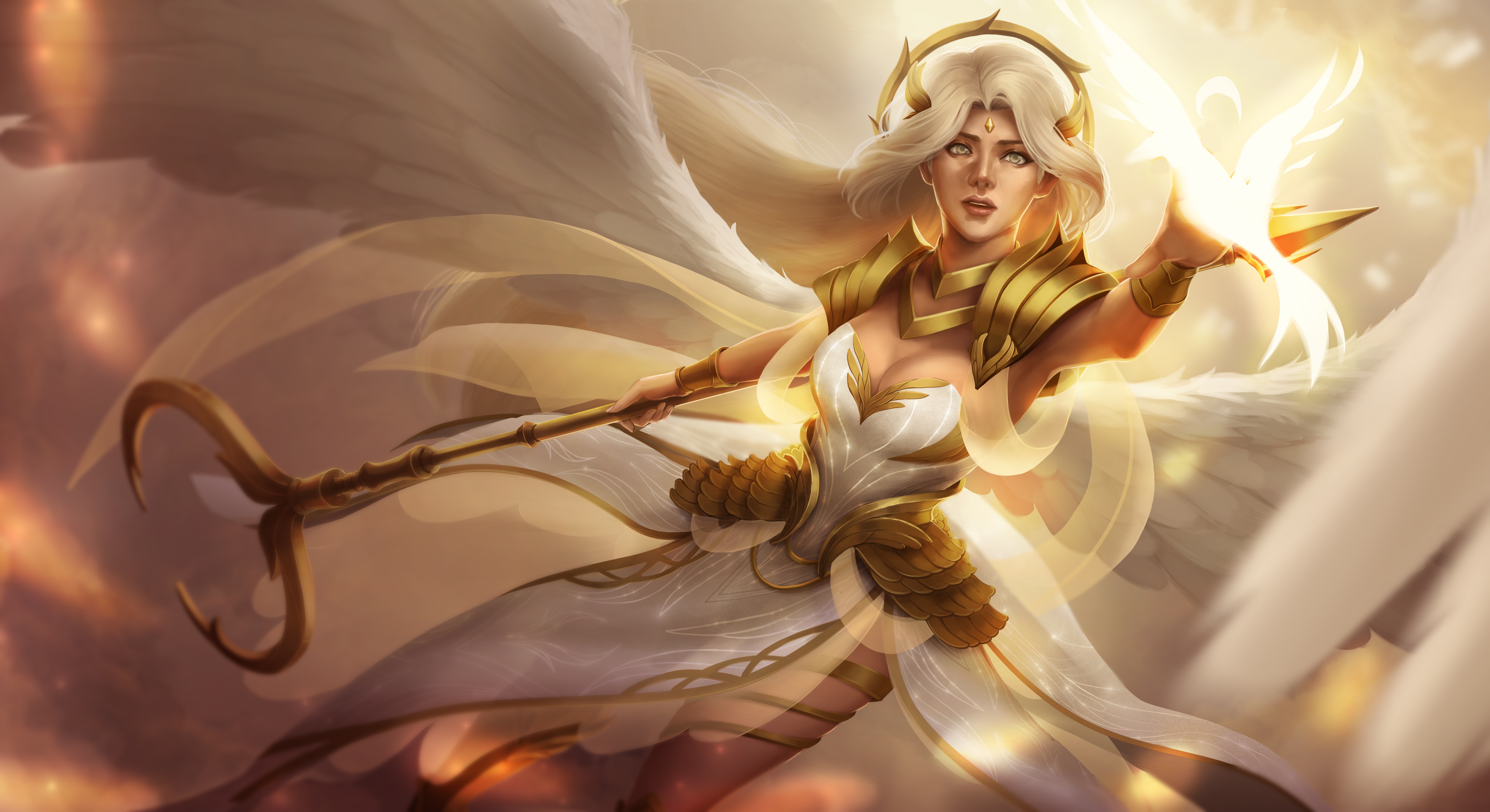 無料モバイル壁紙ファンタジー, 翼, 白髪, スタッフ, 天使の戦士をダウンロードします。