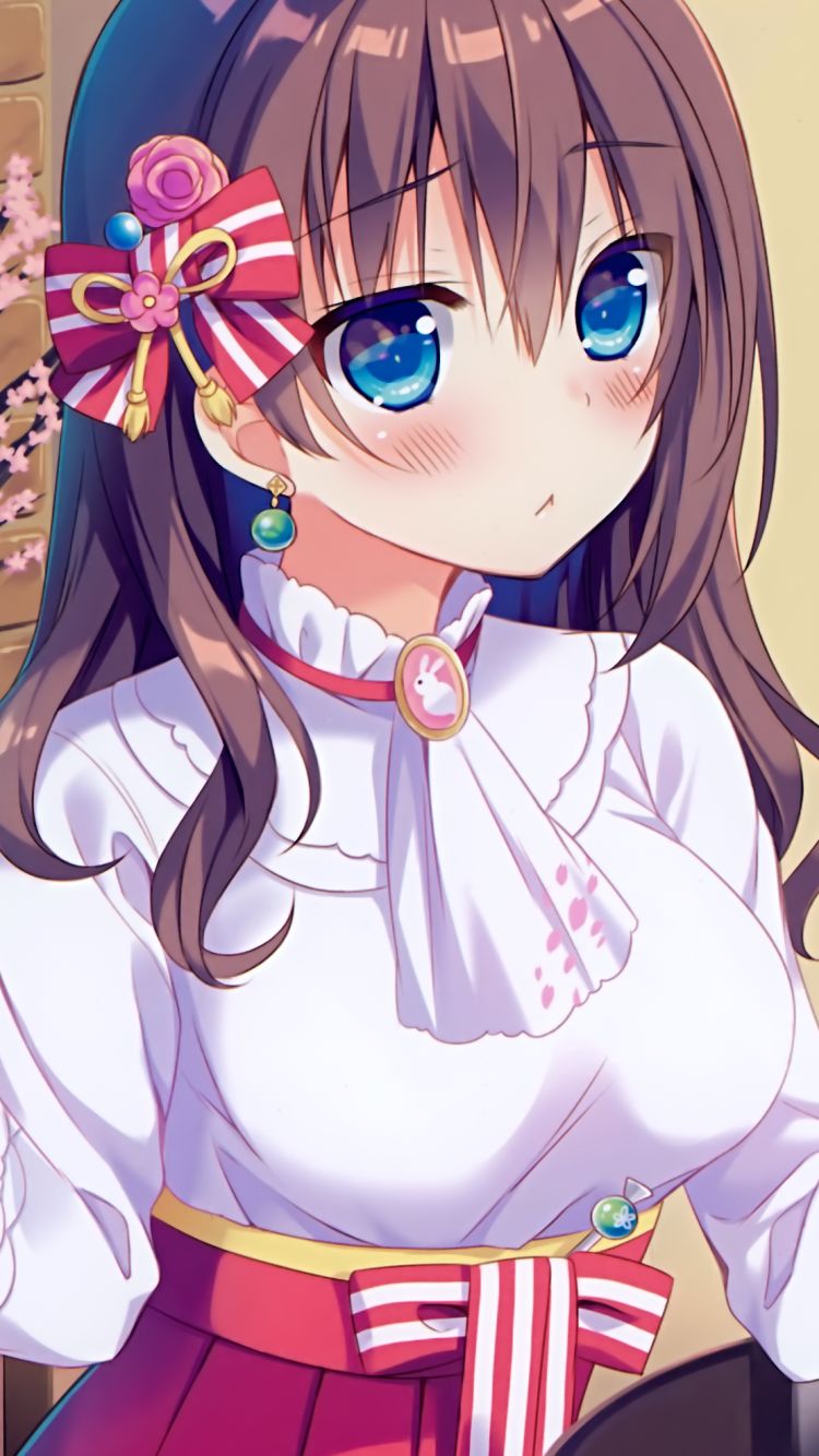 Download mobile wallpaper Anime, Blue Eyes, Original, Blush, Brown Hair, Bow (Clothing) for free.