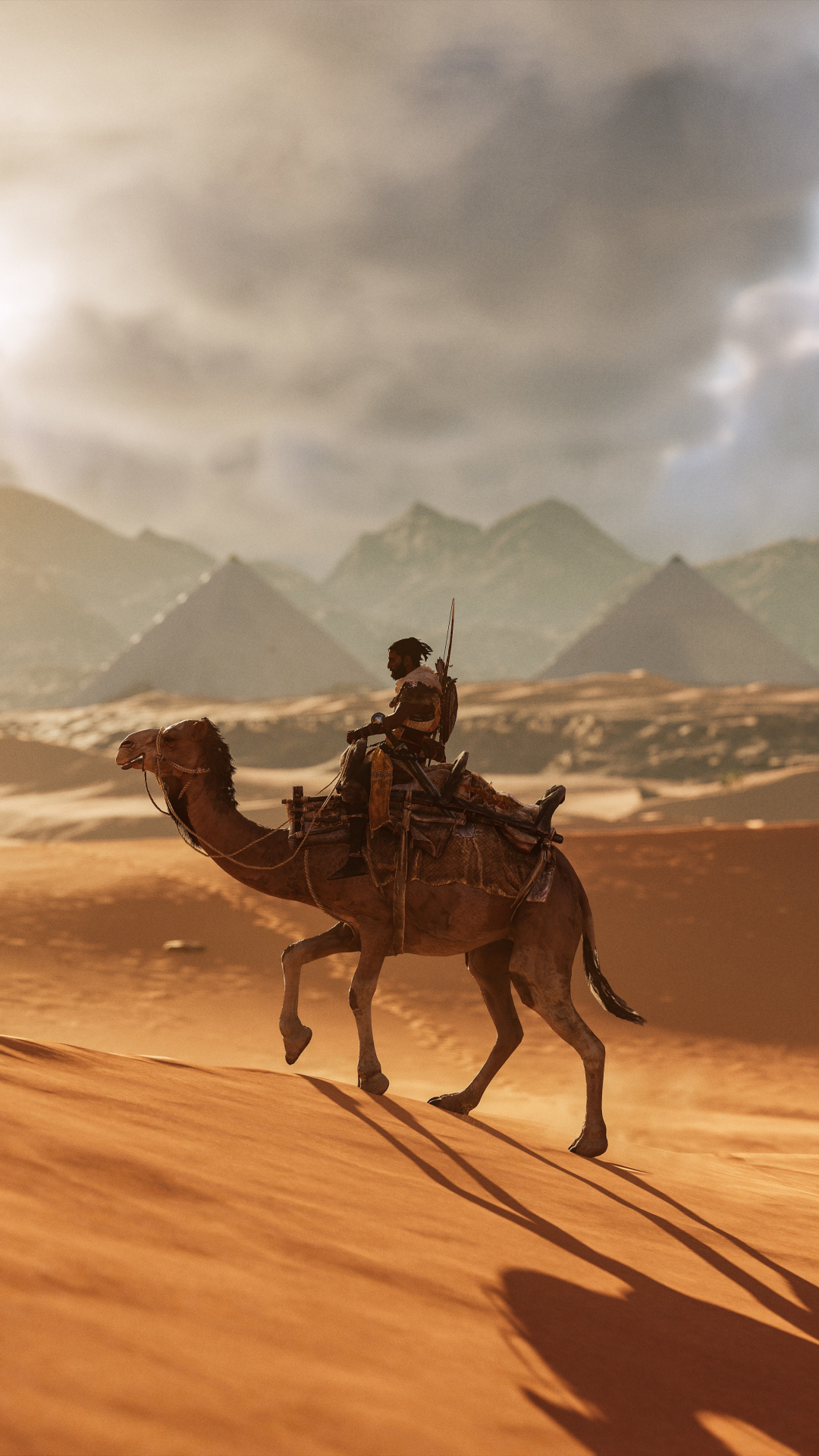 Скачать картинку Песок, Пустыня, Верблюды, Воин, Верблюд, Видеоигры, Кредо Ассасина, Assassin's Creed: Истоки в телефон бесплатно.