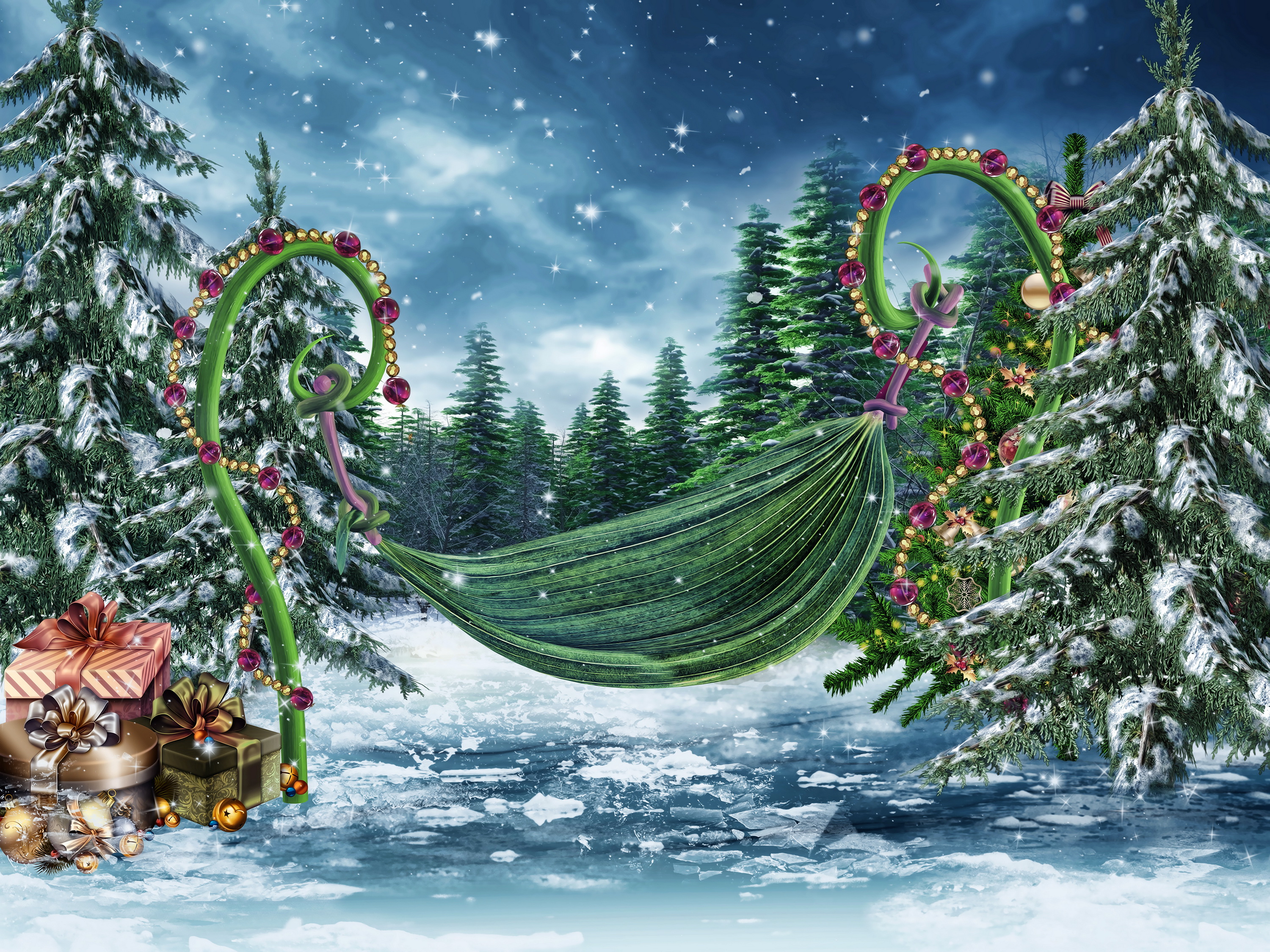 Скачать обои бесплатно Снег, Лес, Дерево, Рождество, Подарки, Гамак, Праздничные картинка на рабочий стол ПК