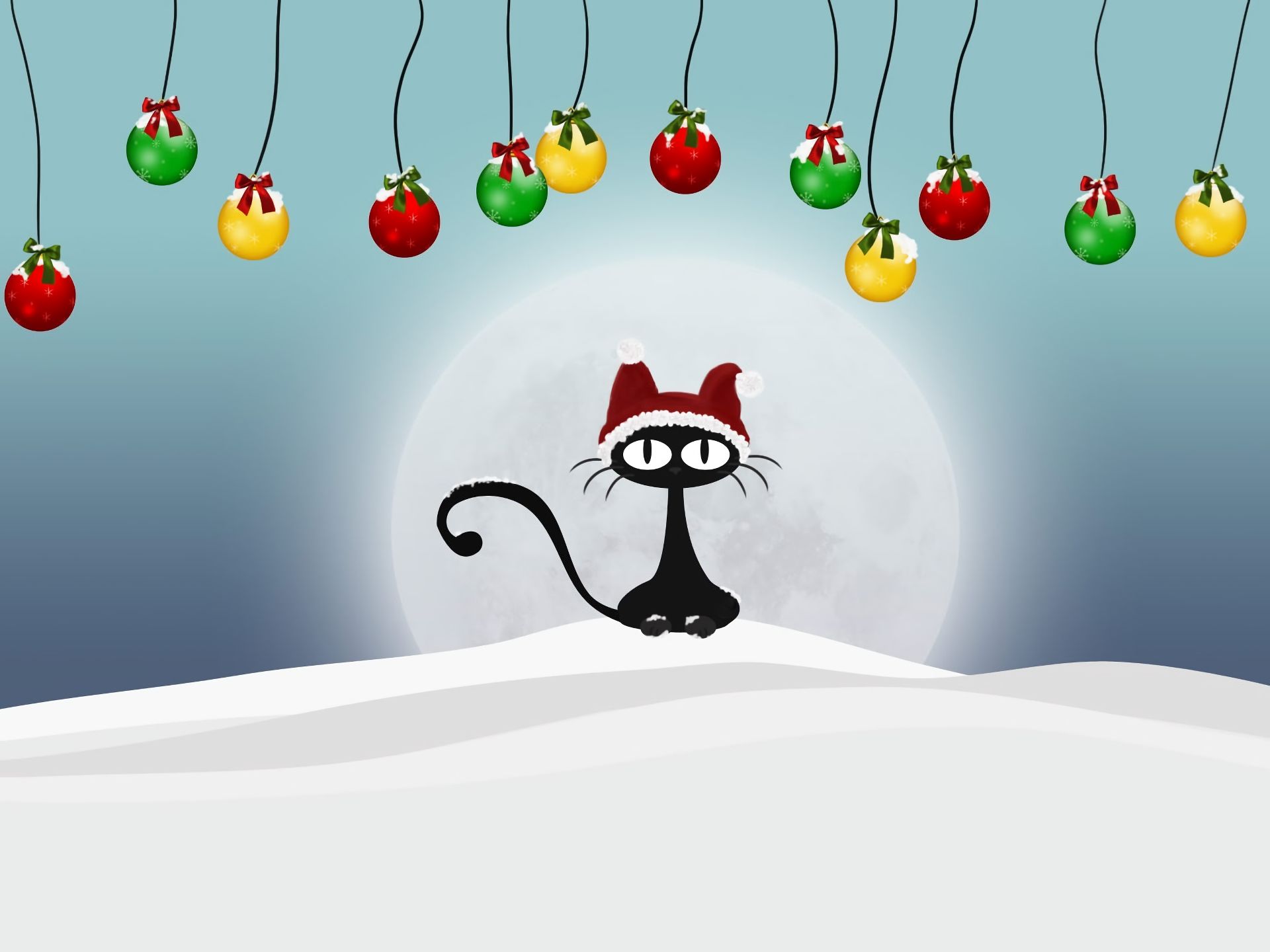 Download mobile wallpaper Moon, Snow, Cat, Christmas, Holiday, Decoration, Bauble, Santa Hat for free.