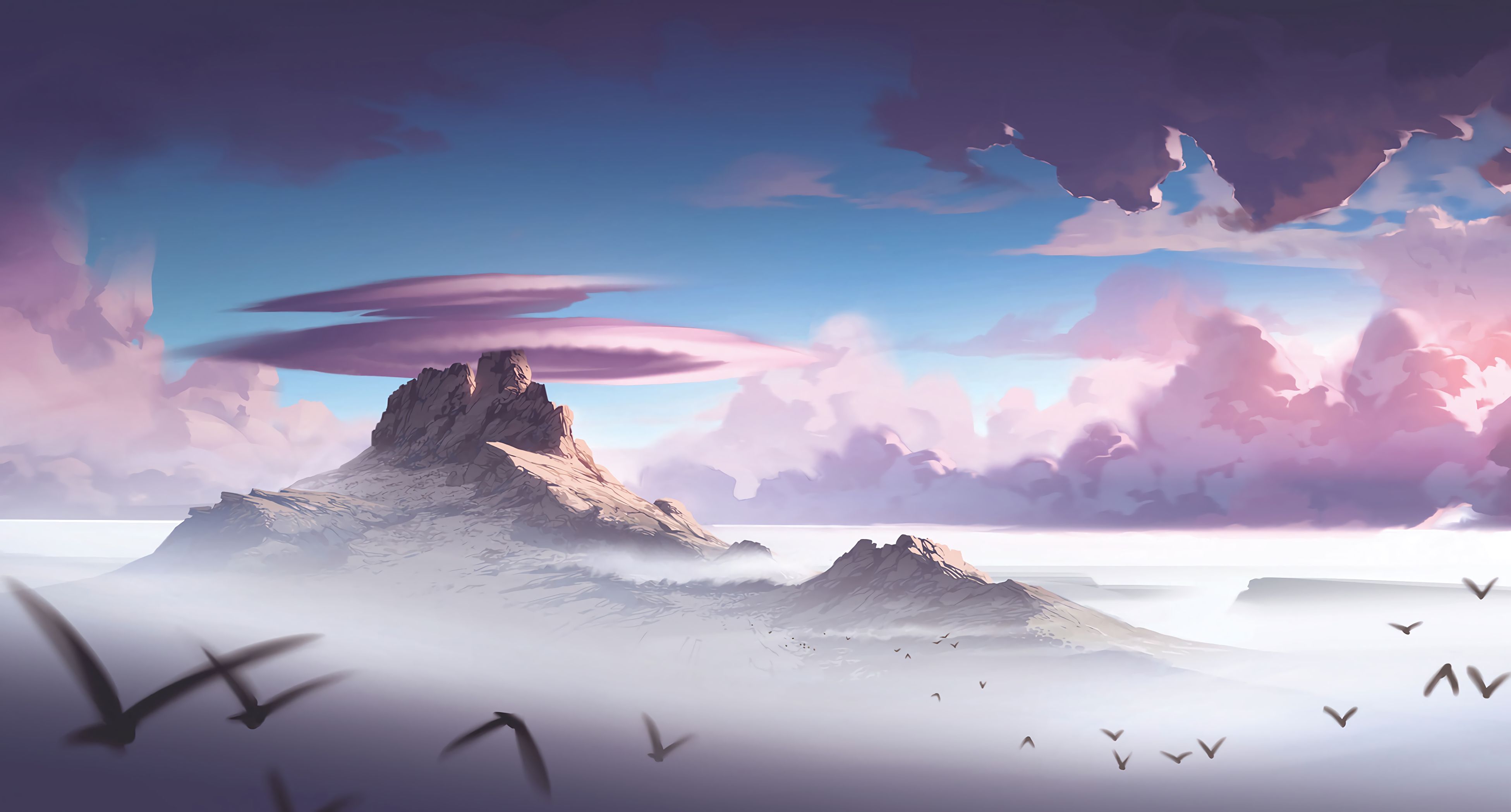 Free download wallpaper Mountains, Rocks, Art, Birds on your PC desktop