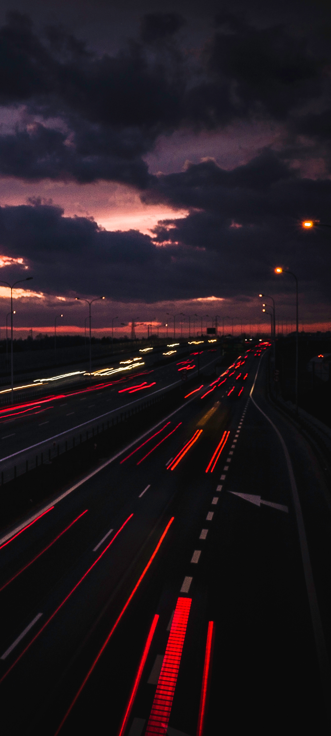 Download mobile wallpaper Night, Horizon, Light, Road, Cloud, Highway, Man Made, Time Lapse for free.