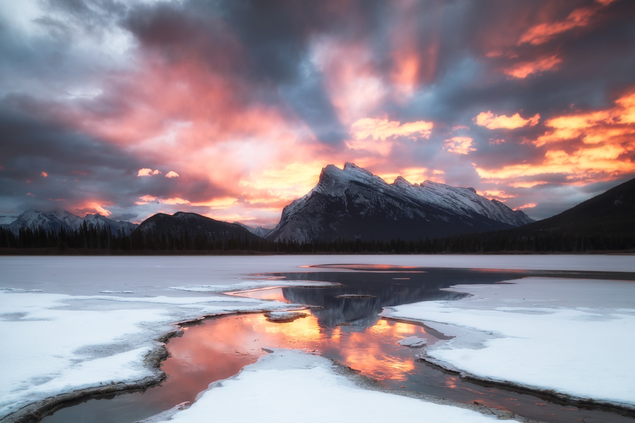 Download mobile wallpaper Winter, Nature, Sky, Snow, Mountain, Reflection, Earth, Stream, Cloud, Sunbeam for free.