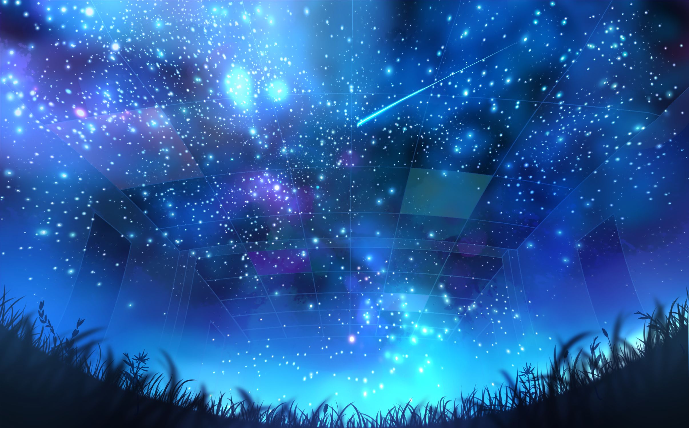 Laden Sie das Sterne, Licht, Gras, Nacht, Komet, Original, Animes-Bild kostenlos auf Ihren PC-Desktop herunter