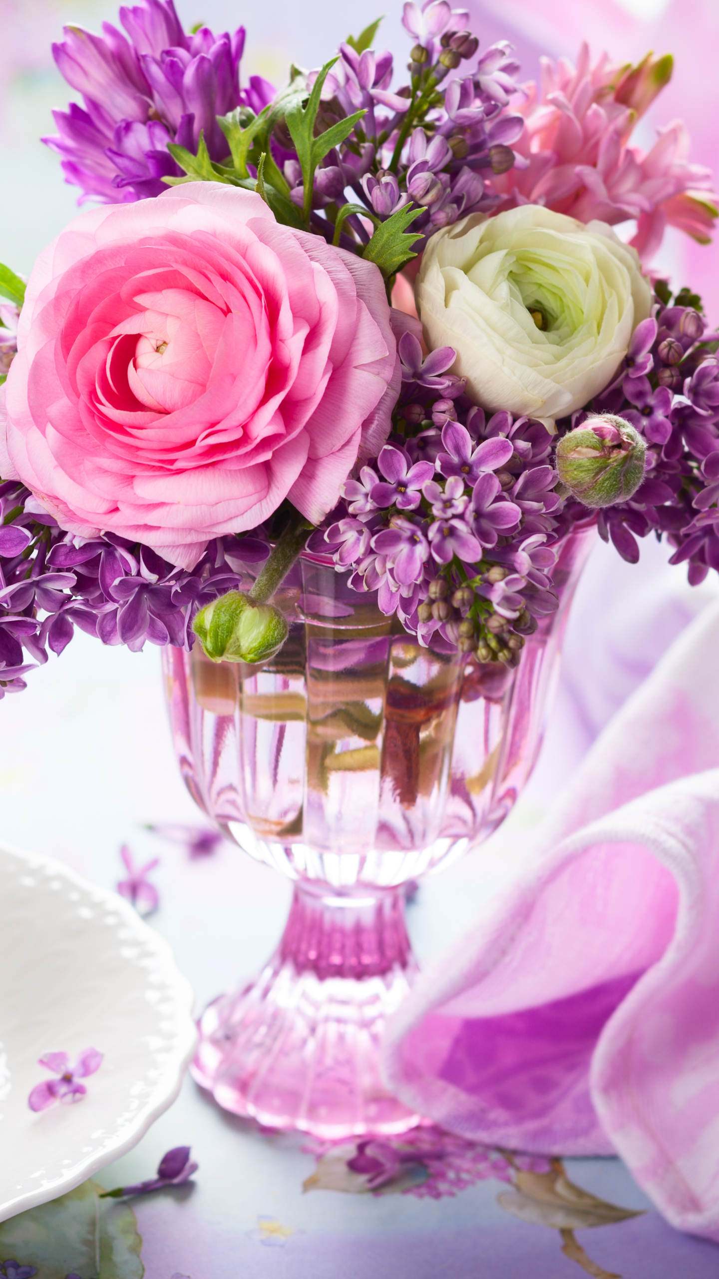 Download mobile wallpaper Lilac, Still Life, Flower, Cup, Vase, Spring, Photography, Peony, Purple Flower, Pink Flower, Ranuncula for free.