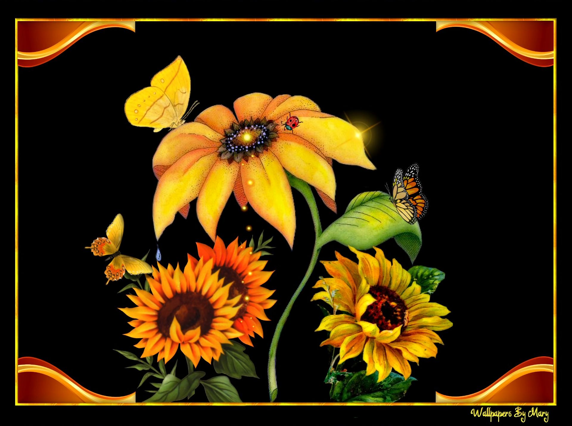 Download mobile wallpaper Flowers, Flower, Butterfly, Artistic, Sunflower, Yellow Flower for free.