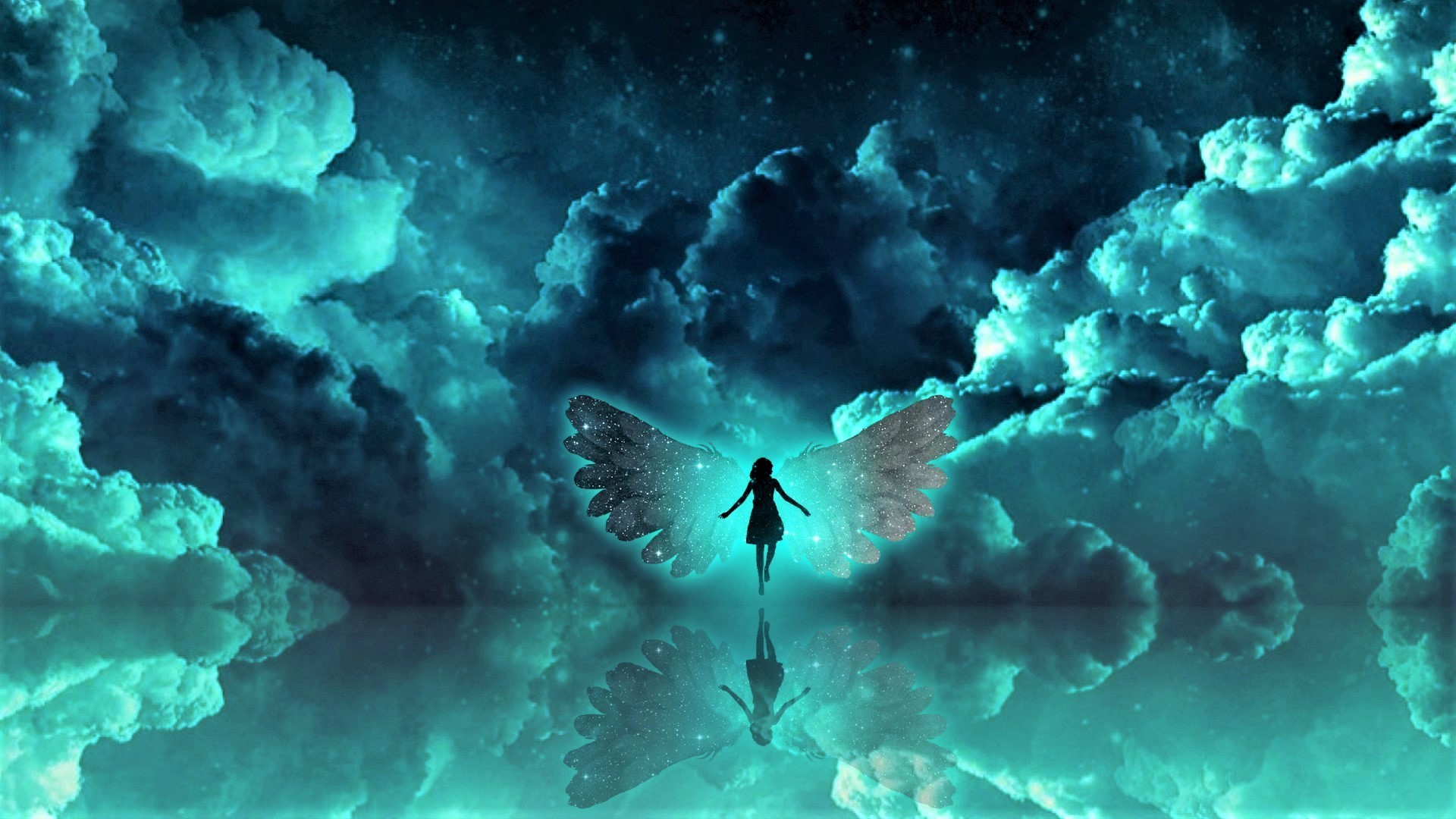 Скачать обои бесплатно Аниме, Облака, Отражение, Синий, Крылья, Ангел картинка на рабочий стол ПК