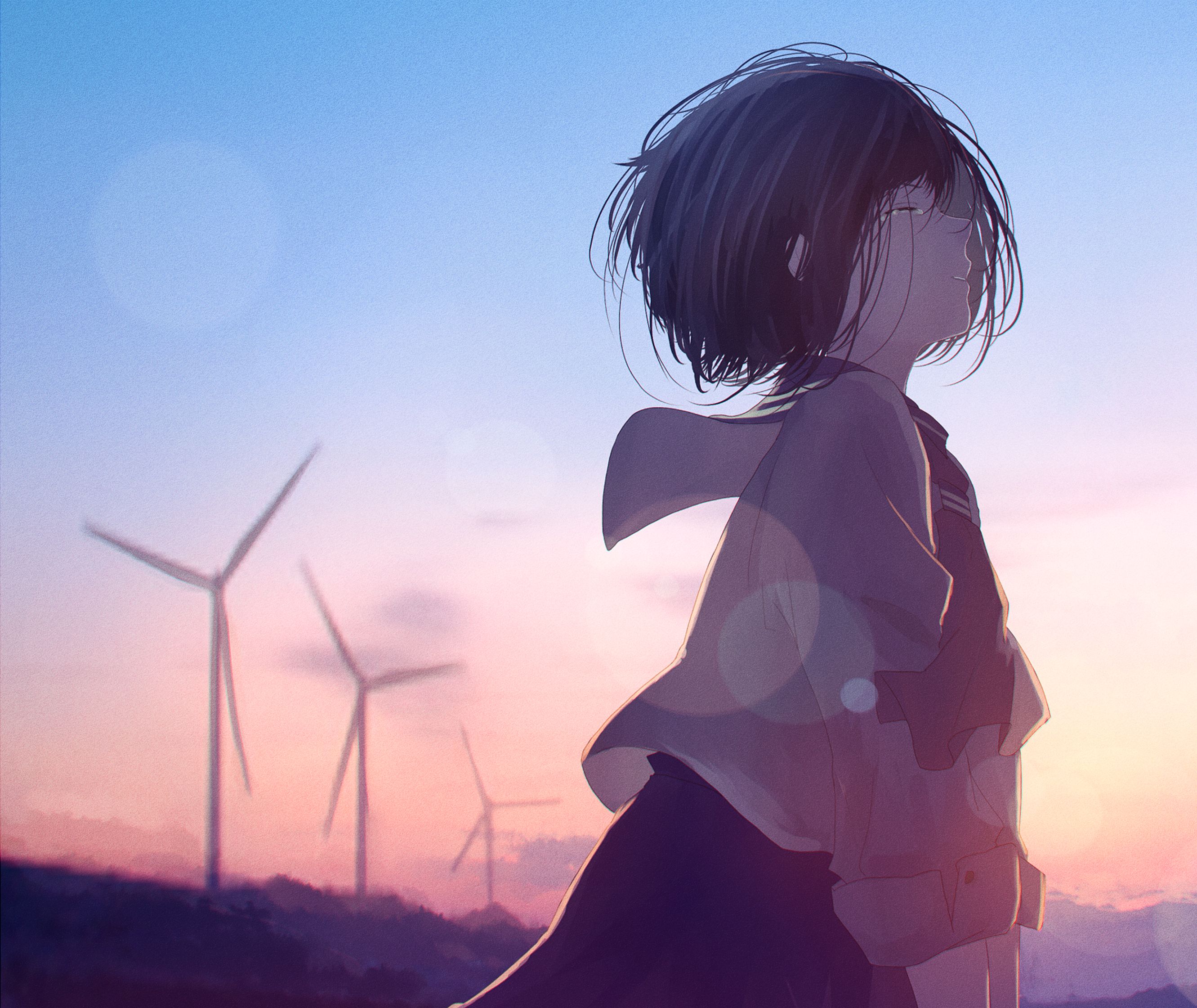 anime, original, black hair, short hair, sunset, tears, wind turbine