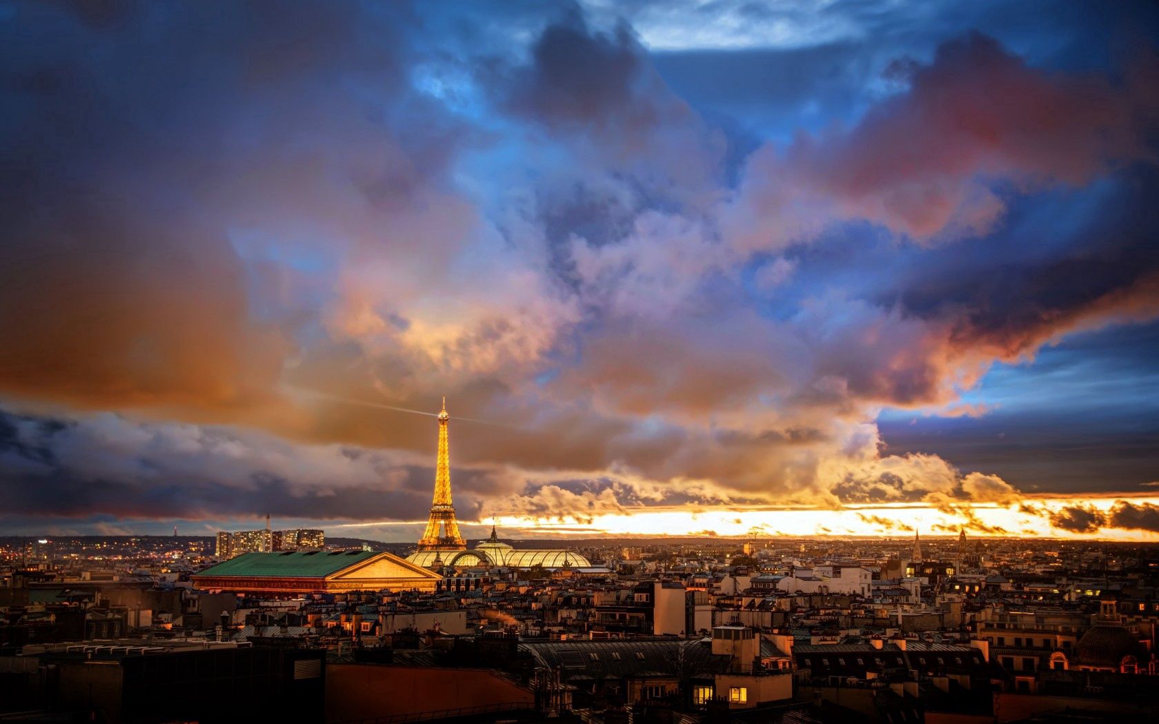 cities, houses, sunset, sky, clouds, paris, dawn, eiffel tower, horizon, france, dahl, distance Image for desktop