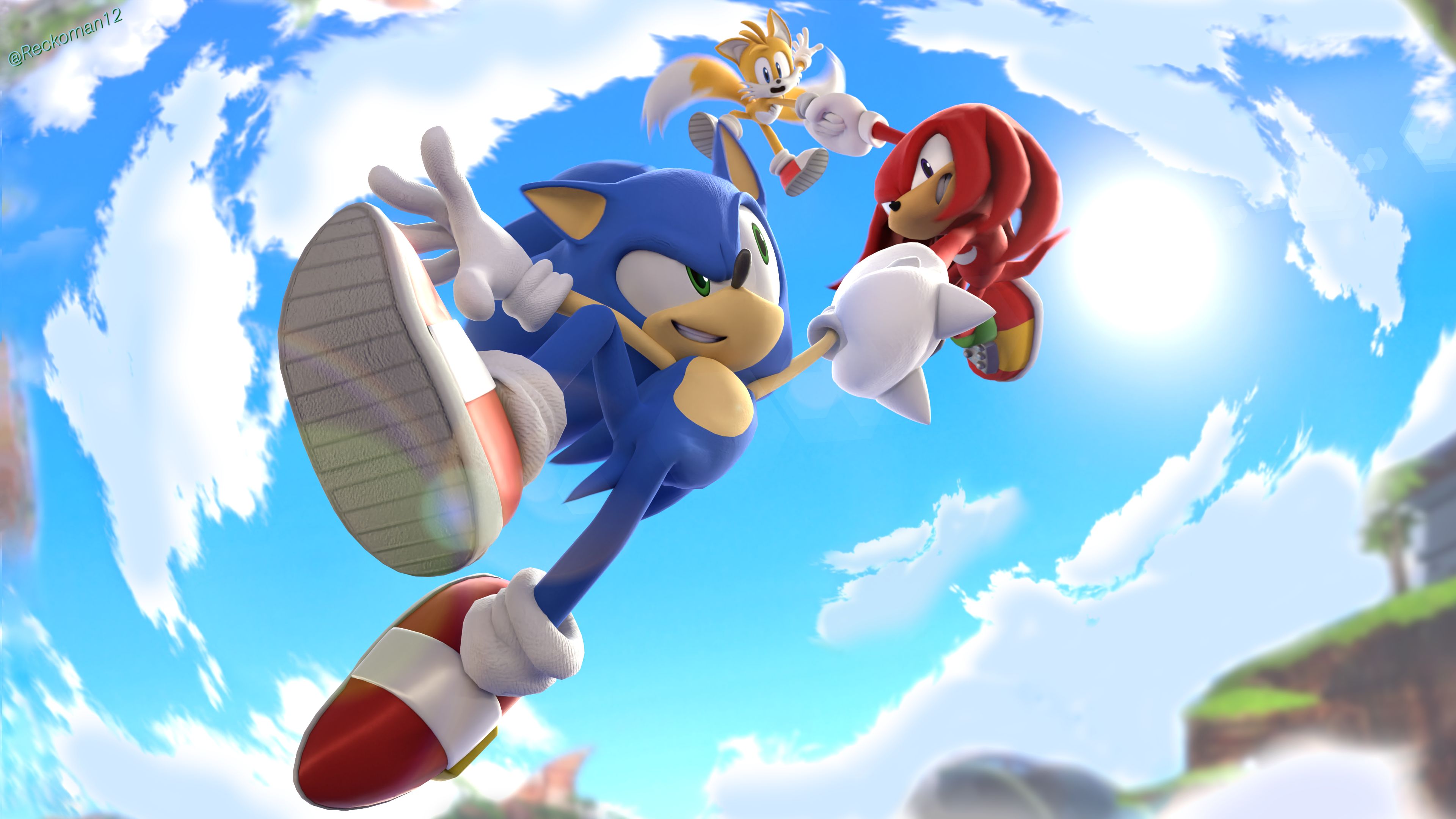 sonic heroes, video game, knuckles the echidna, miles 'tails' prower, sky, sonic the hedgehog, sonic