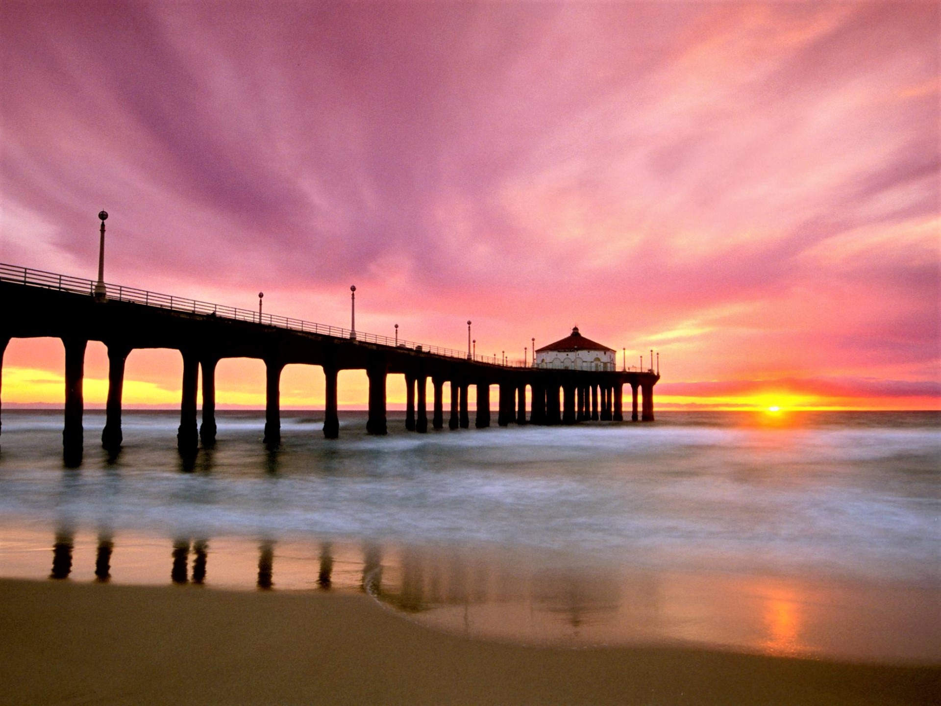 Download mobile wallpaper Sunset, Sky, Sea, Horizon, Pier, Ocean, Man Made for free.