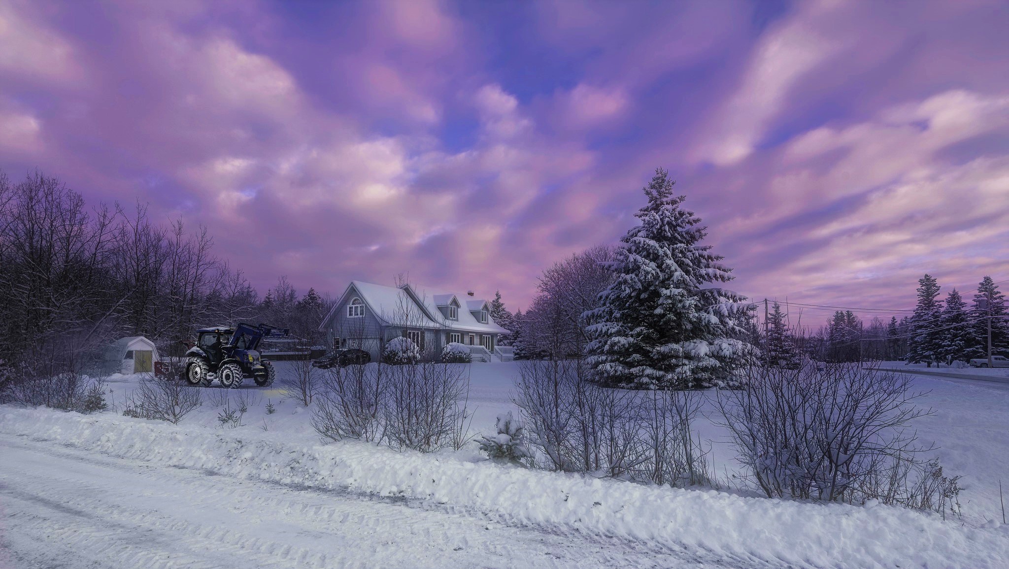 farm, tractor, photography, winter, cloud, country, house, purple, sky, snow, sunset, tree