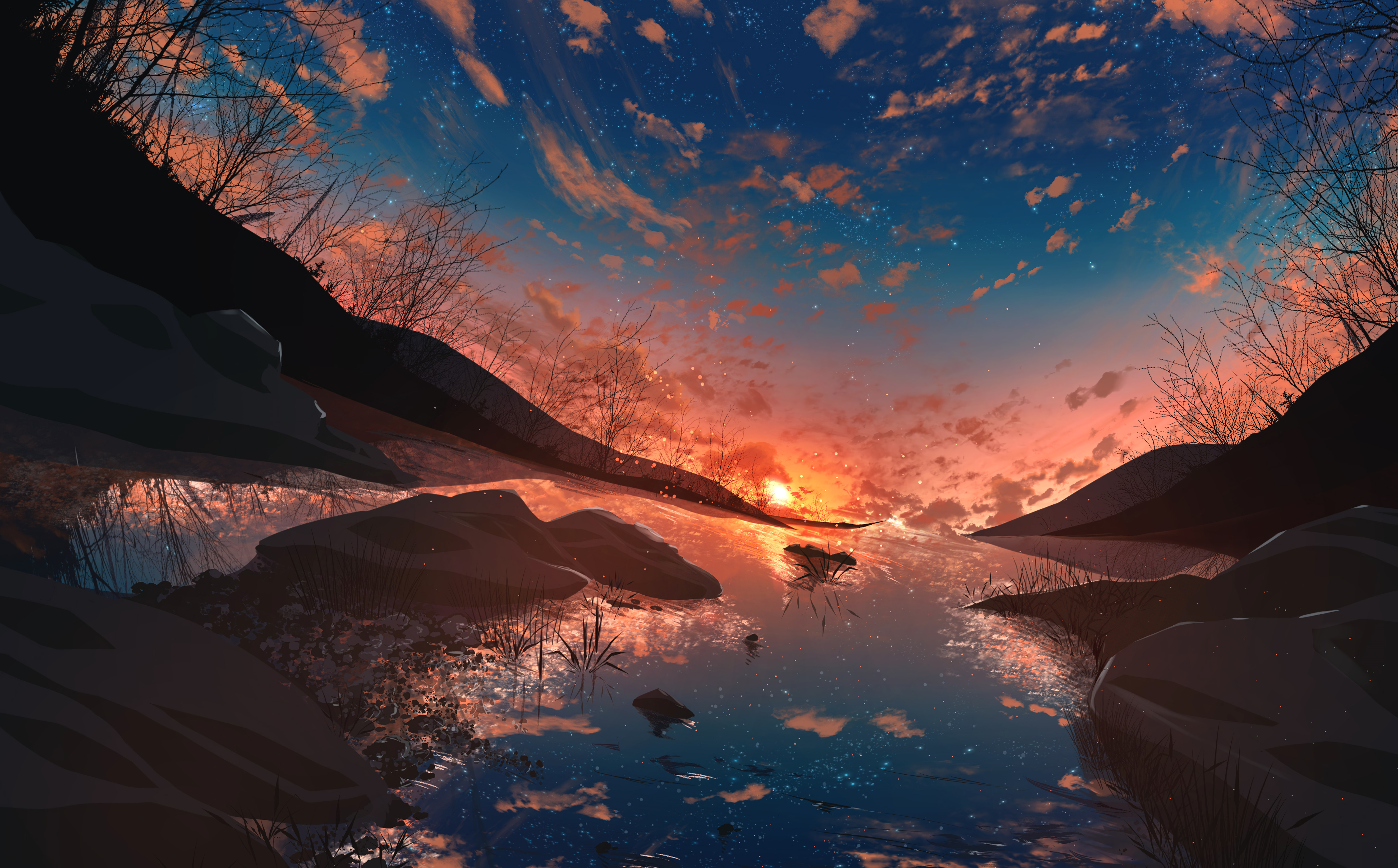 Laden Sie das Reflexion, Sunset, Kunst, Sun, Sternenhimmel-Bild kostenlos auf Ihren PC-Desktop herunter
