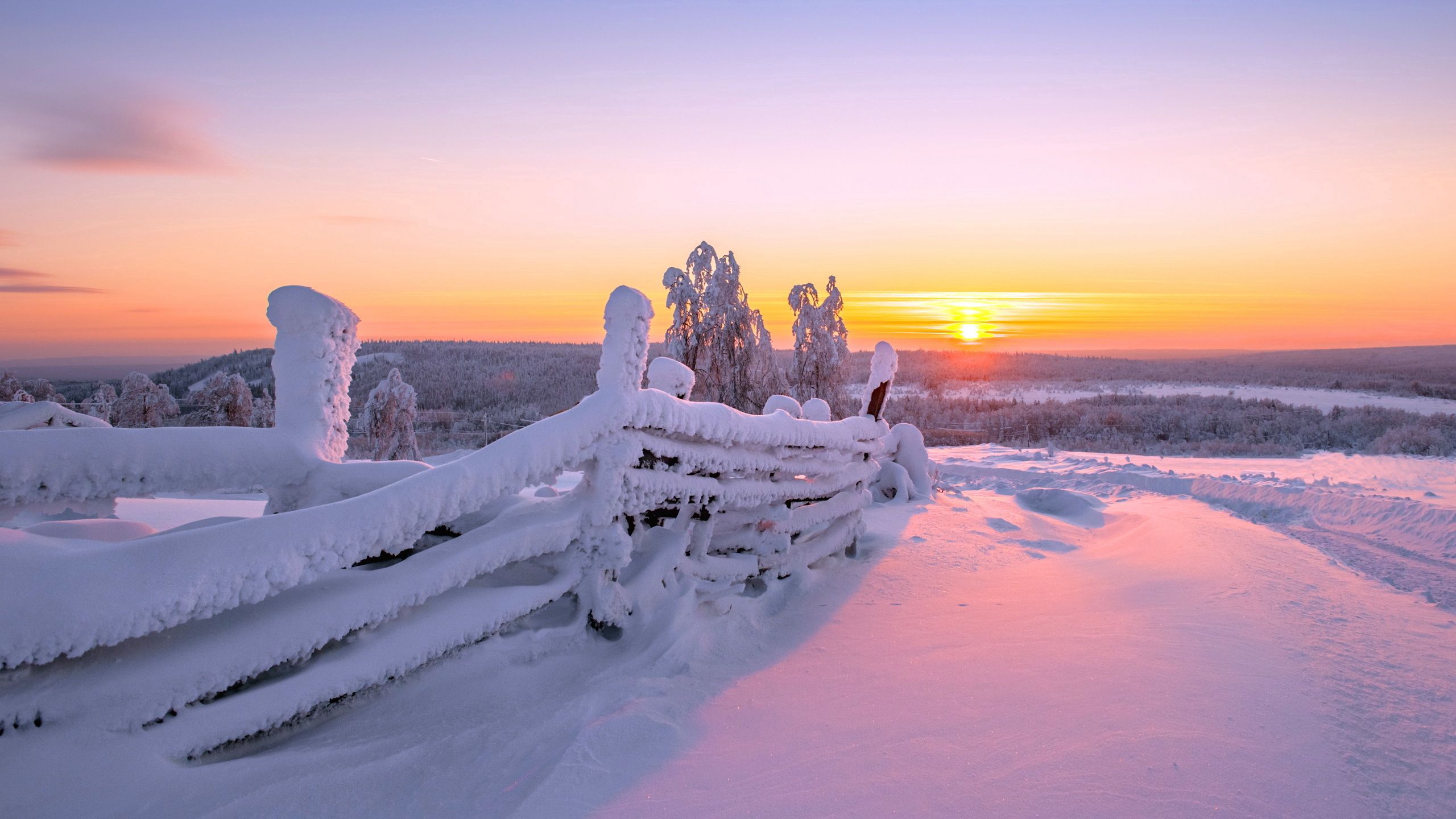 fence, winter, sunset, landscape, nature Free Stock Photo