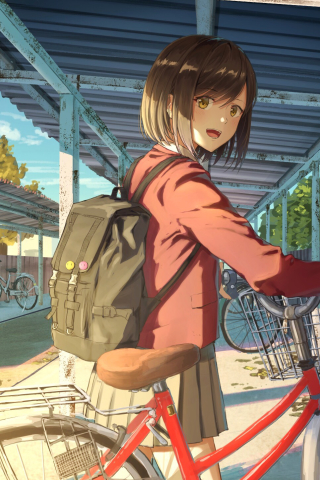 Handy-Wallpaper Fahrrad, Schülerin, Original, Schuluniform, Animes, Kurzes Haar kostenlos herunterladen.