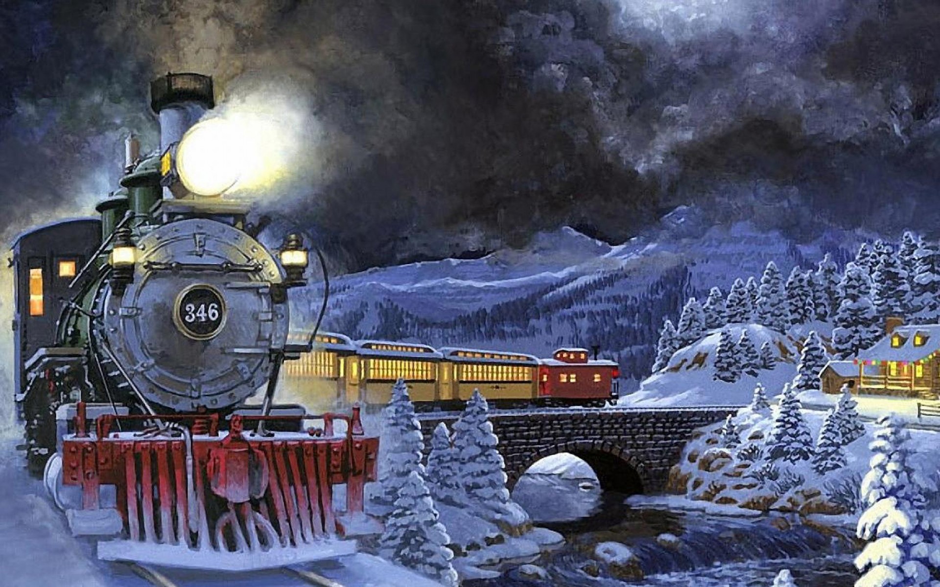 Download mobile wallpaper Winter, Snow, Mountain, Forest, House, Bridge, Artistic, Train, Locomotive, Town for free.
